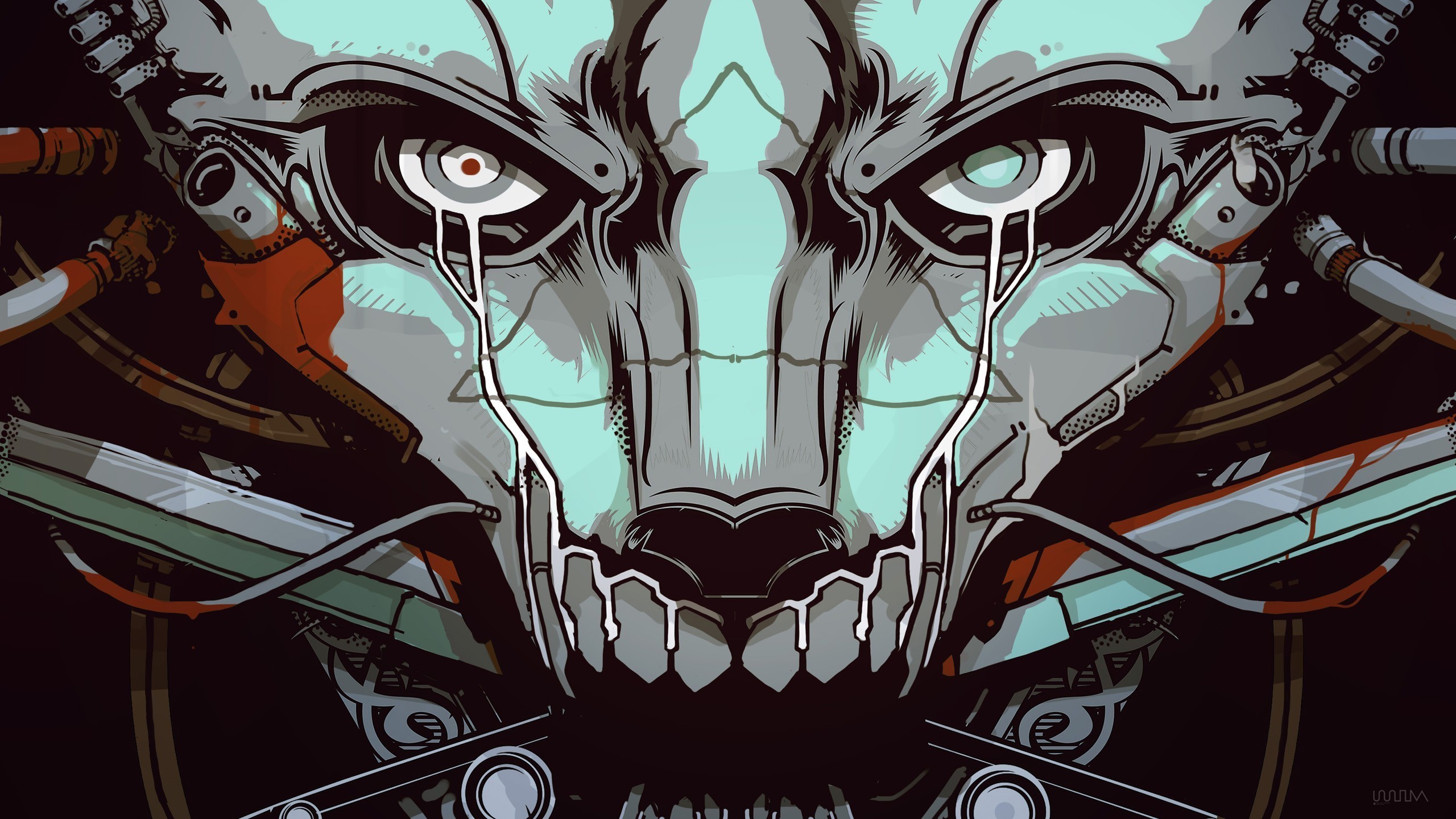 Teschio cyborg, Illustrazione, Cavi, Verde acqua, 2K, sfondo desktop