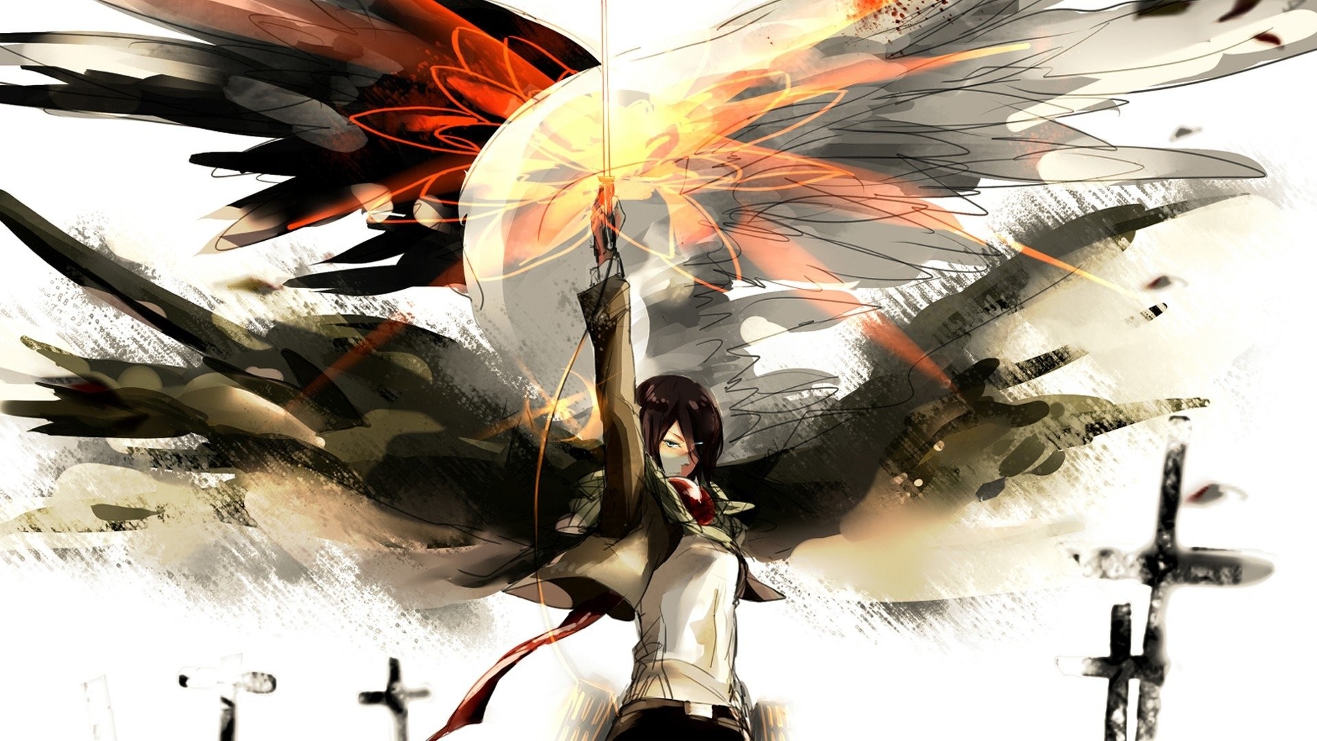 Mikasa Ackerman, L'attacco dei giganti, Ali, Croci, Full HD, sfondo per portatile