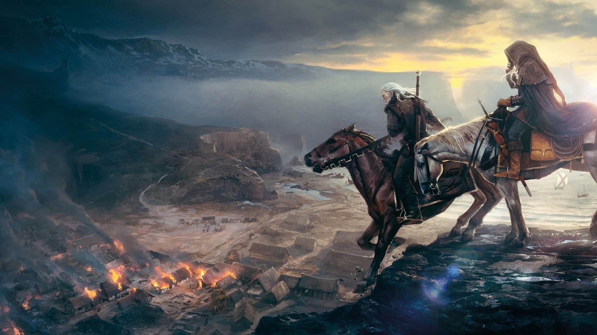 Geralt di Rivia, Rutilia, The Witcher 3: Wild Hunt, Cavallo, Paesaggio, sfondo Full HD per computer