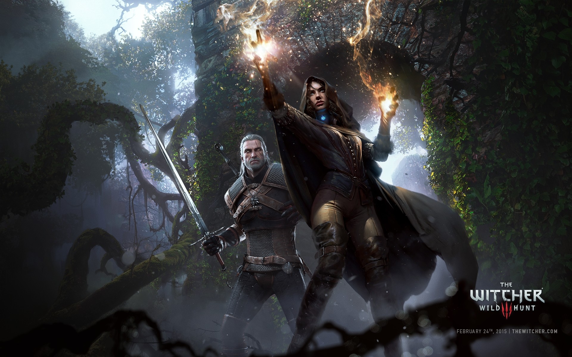 Geralt di Rivia, Yennefer di Vengerberg, The Witcher 3: Wild Hunt, Magia, Foresta, sfondo Full HD
