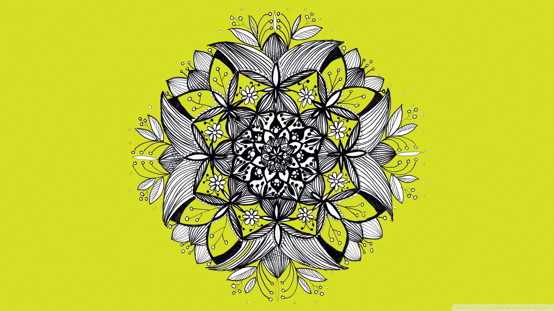 Mandala, Disegno a china, Fiori, Giallo lime, Full HD, sfondo Windows 11