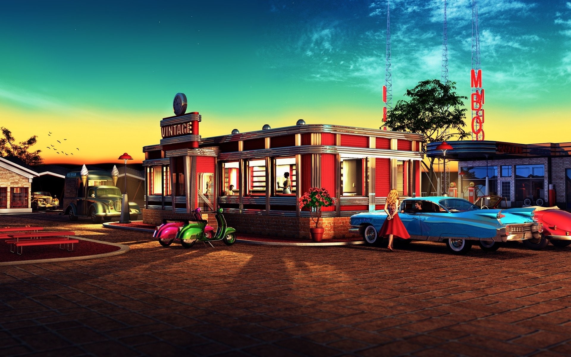Diner americano, Auto d'epoca, Anni '50, Retrò, Tramonto, 1920x1200, sfondo MacBook Pro