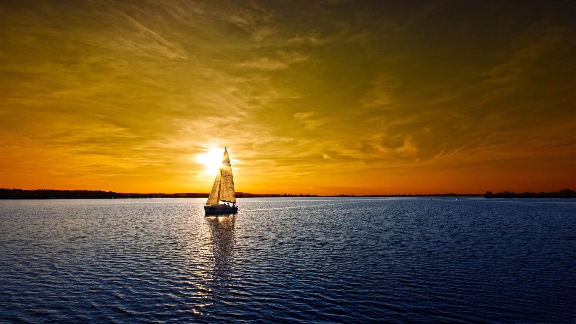 Barca a vela, Tramonto, Mare, Cielo dorato, 1920x1080, immagine di sfondo