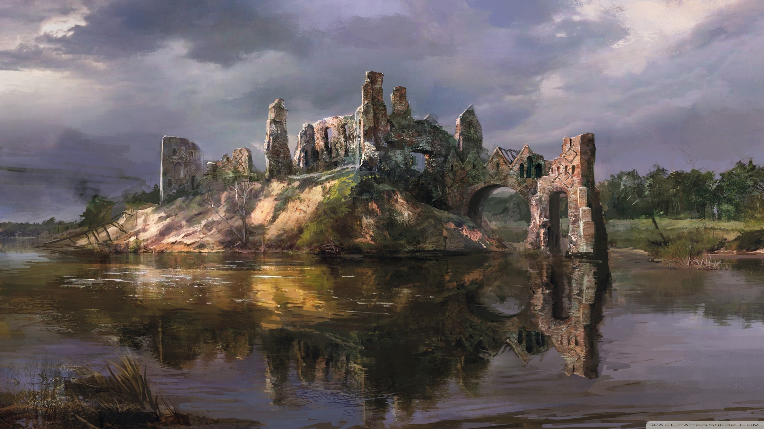 The Witcher 3: Wild Hunt, Castello in rovina, Lago, Paesaggio, 16:9 2K, sfondo widescreen