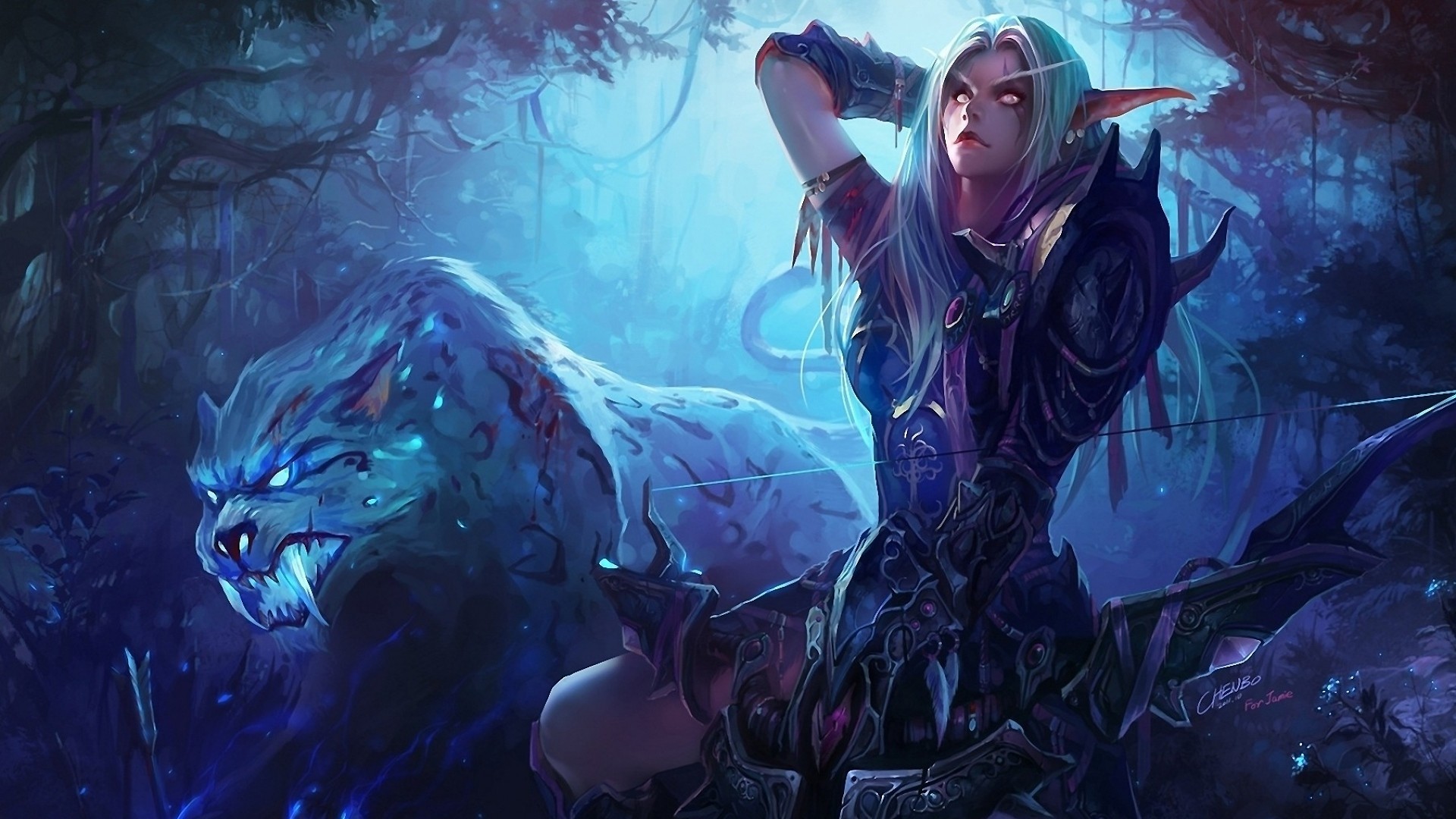 Tyrande Whisperwind, Hearthstone, Elfa della notte, Pantera, Blu, sfondo per portatile