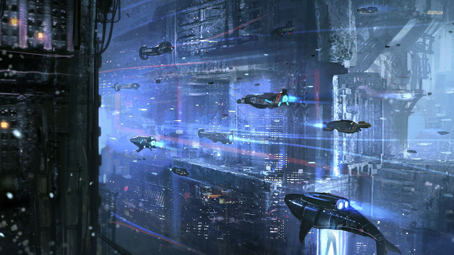 Città futuristica, Navicelle, Grattacieli, Blu, Full HD, sfondo desktop