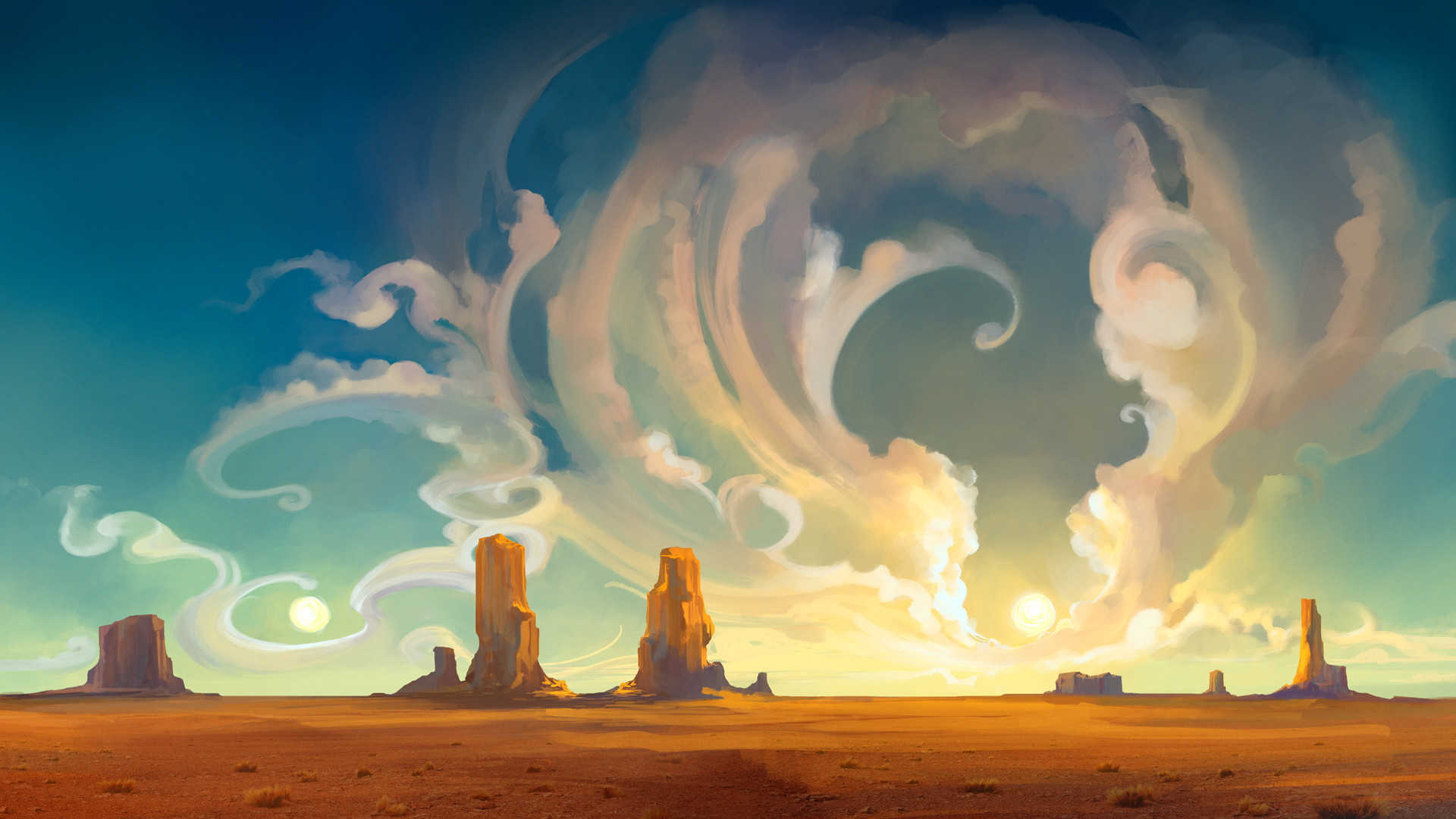 Monument Valley, Nuvole stilizzate, Illustrazione, Tramonto, 1920x1080, immagine di sfondo