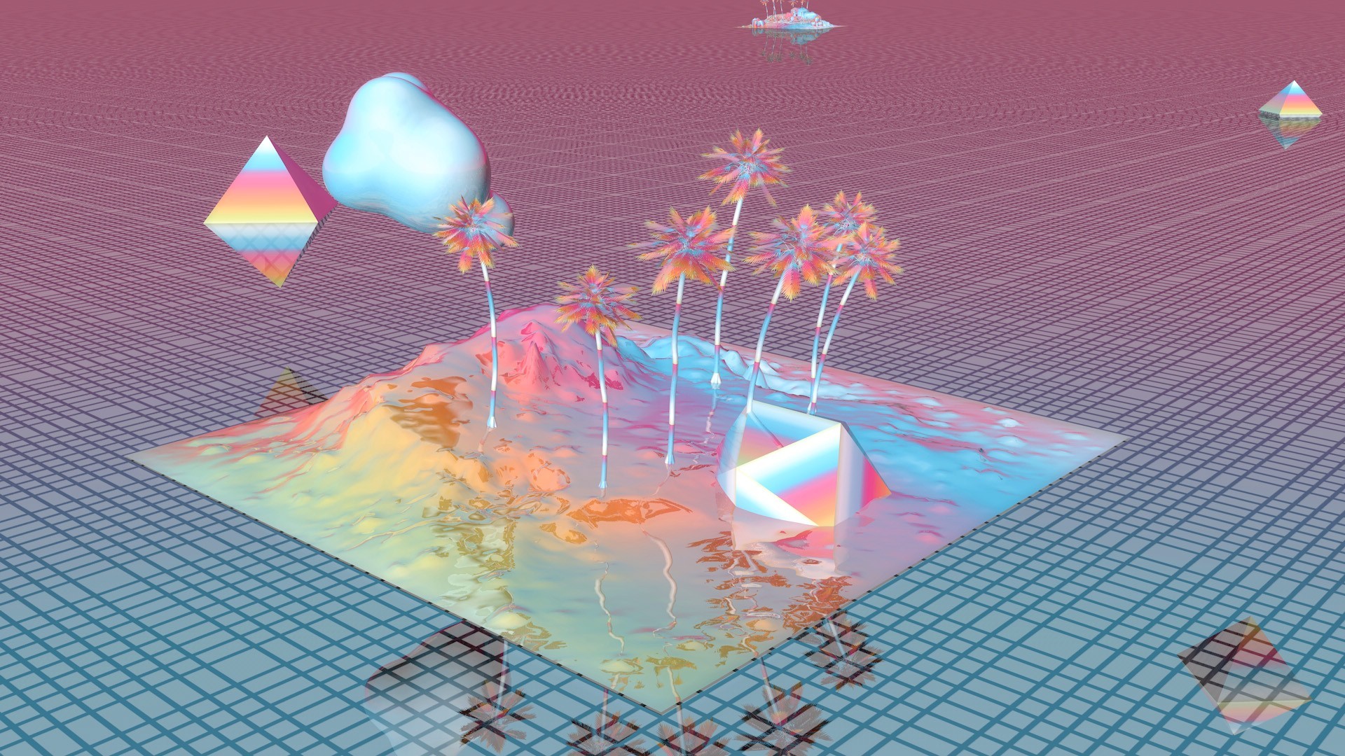 Vaporwave, Palme, Isola, Griglia, 3D, Full HD, sfondo desktop