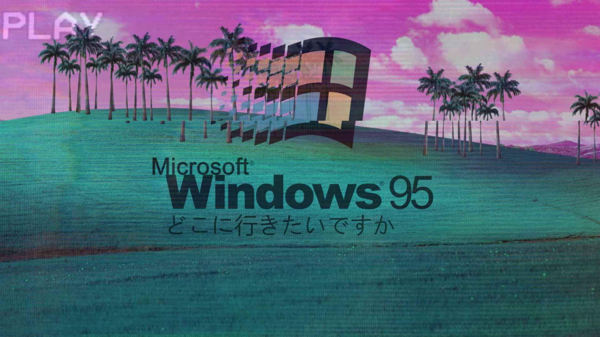 Windows 95, Microsoft, Vaporwave, Palme, Glitch, Turchese, 16:9 Full HD, sfondo widescreen