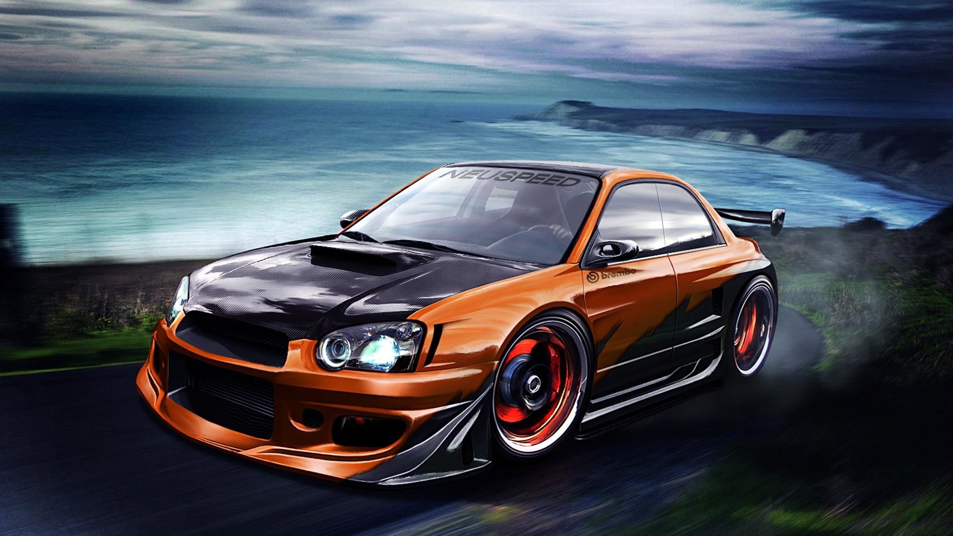 Subaru Impreza WRX STI, Tuning, Digital art, Costa, Arancione, Full HD, sfondo Windows 11