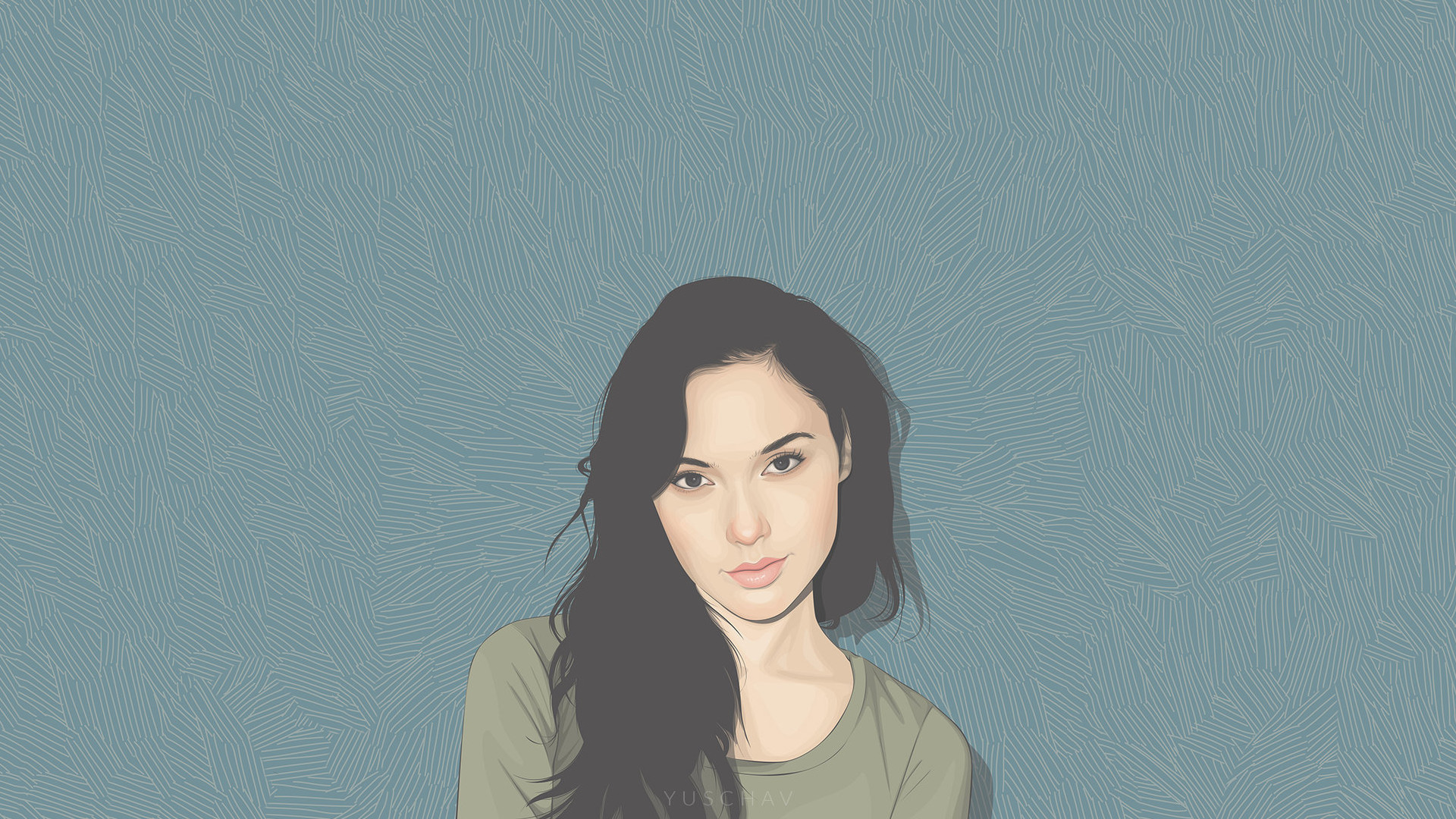 Gal Gadot, Illustrazione, Ritratto, Sfondo azzurro, Full HD, wallpaper desktop