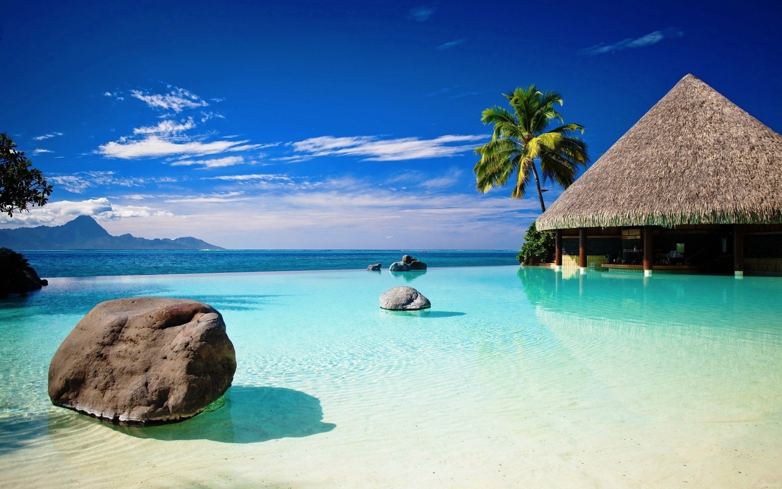 Bora Bora, Bungalow, Laguna, Masso, 2K, sfondo desktop