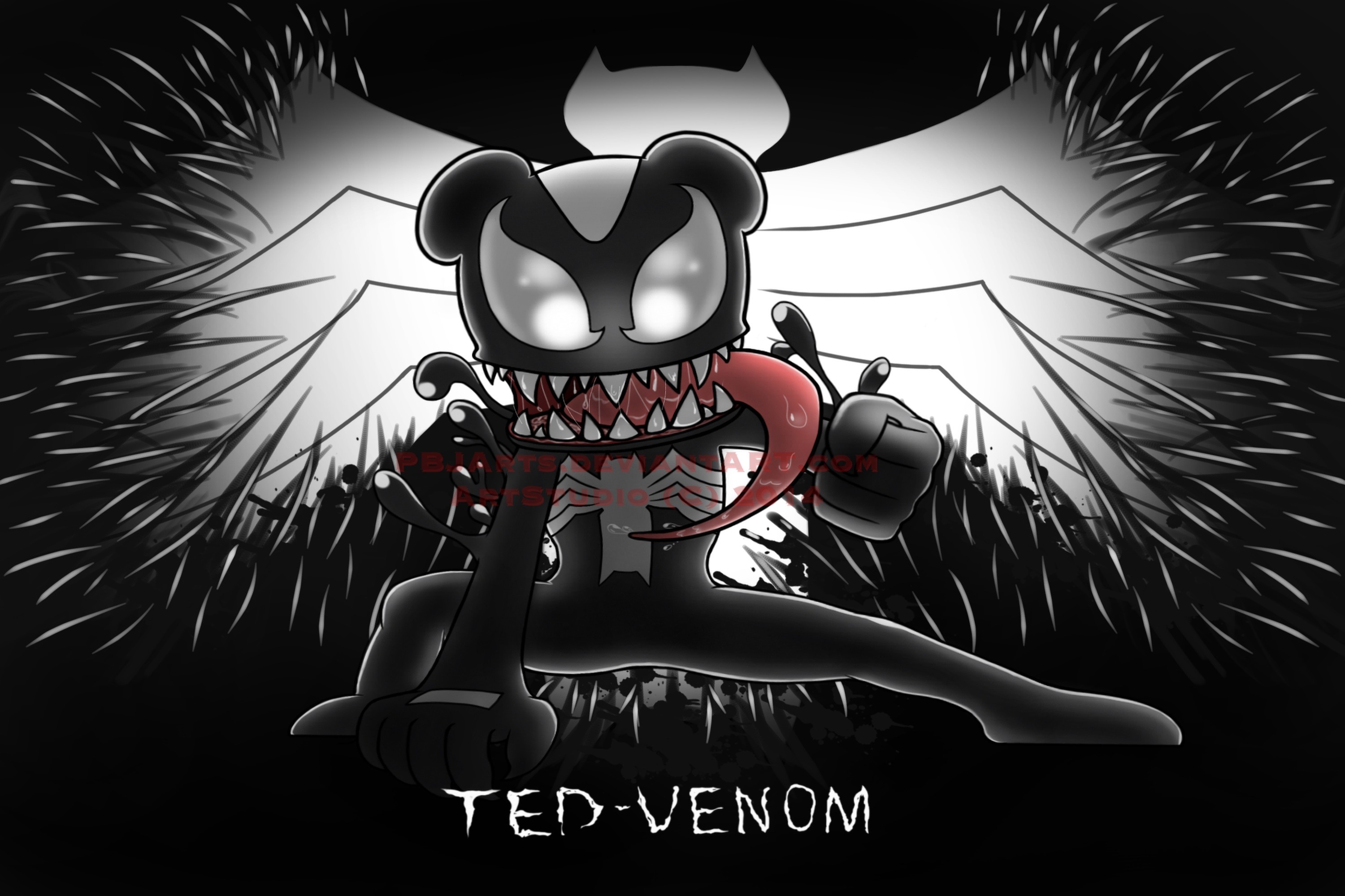 Ted Venom, Orsetto, Parodia, Bianco e nero, 2K, sfondo desktop