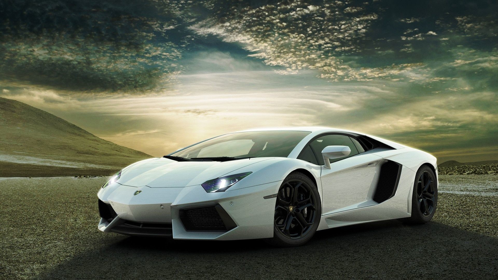 Lamborghini Aventador, Bianco, Tramonto, Supercar, Cielo nuvoloso, sfondo Full HD per portatile