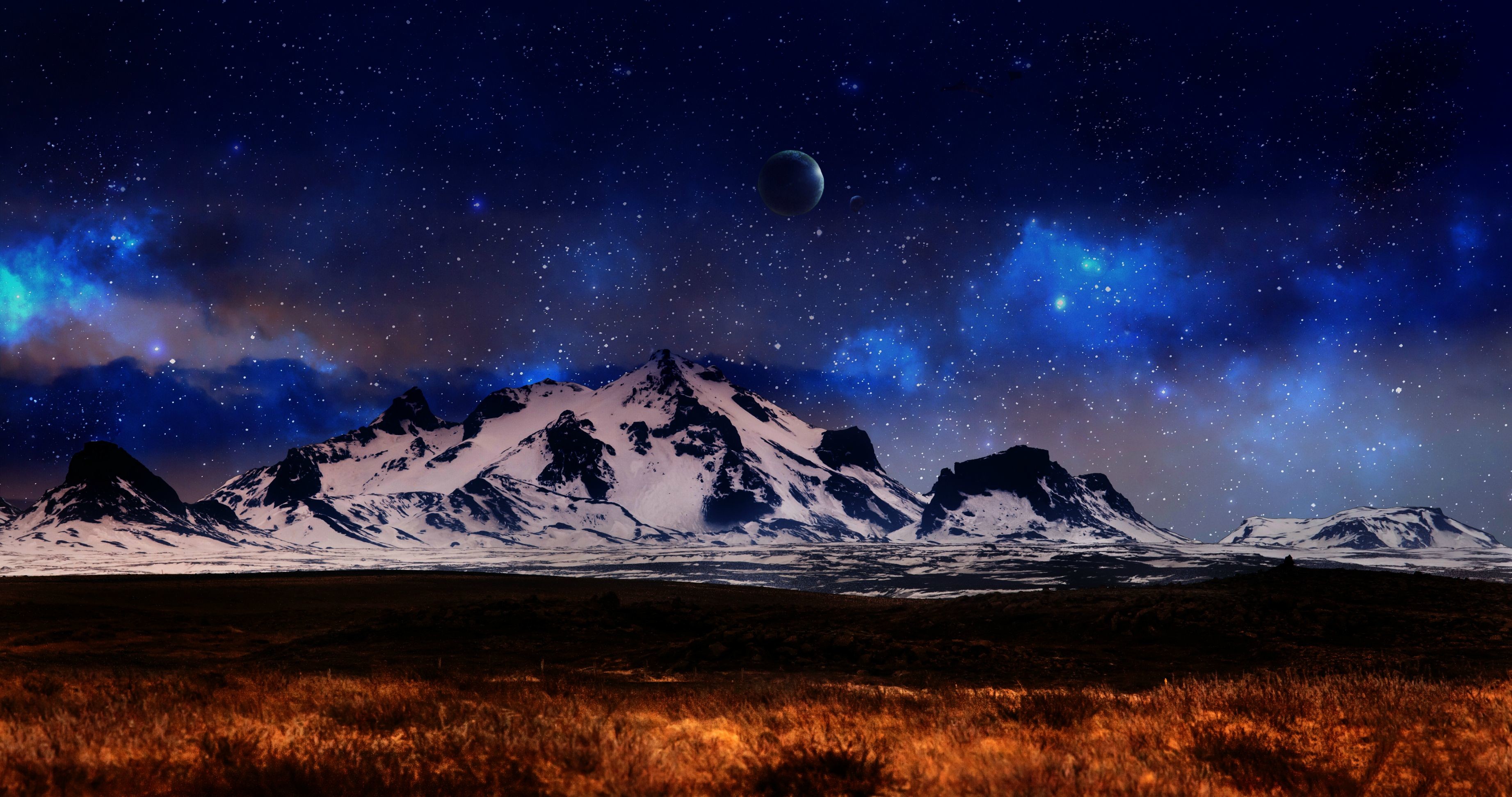 Montagne innevate, Cielo notturno, Pianeta, Stelle, 2K, sfondo per PC e portatile