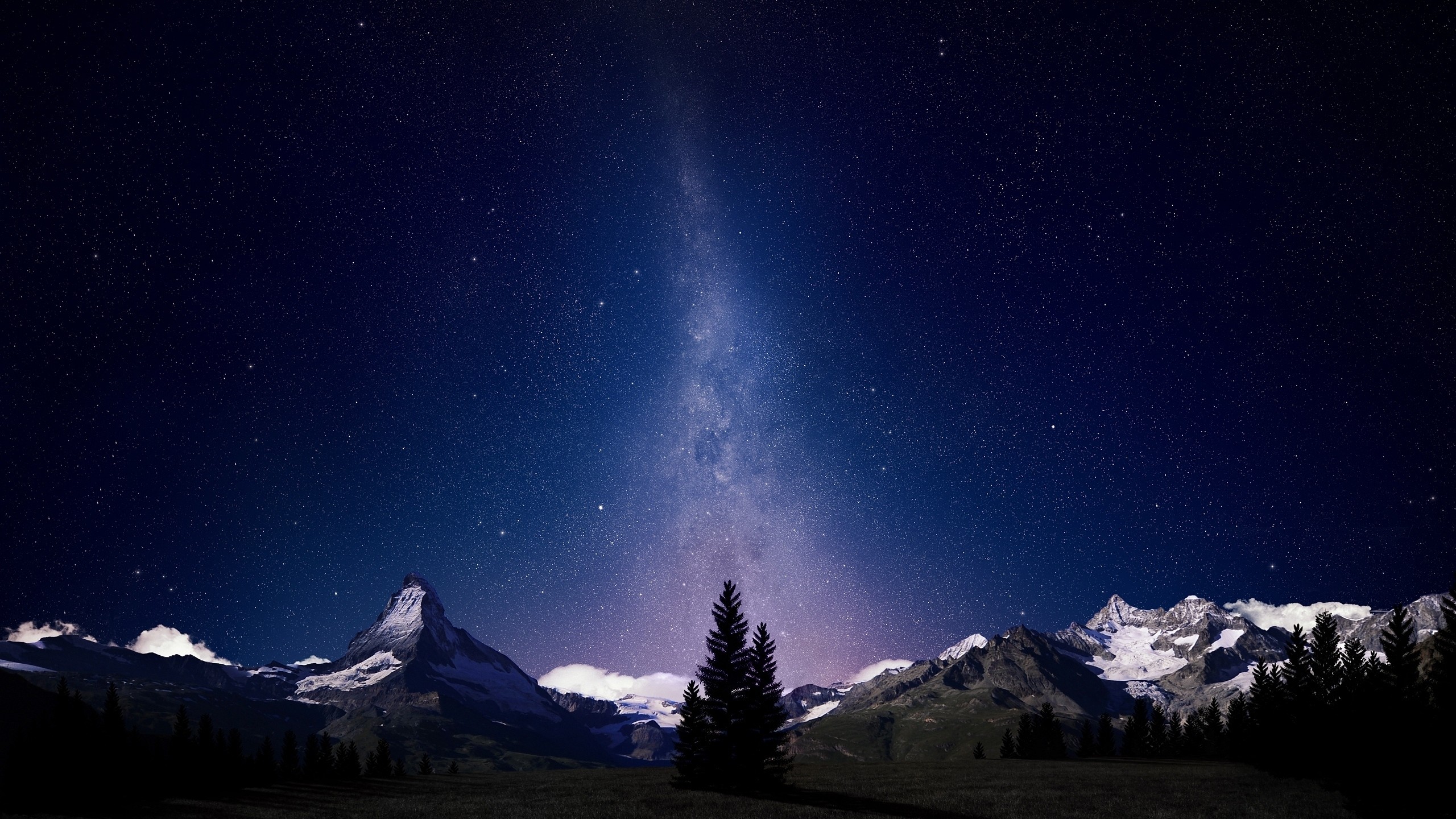 Via Lattea, Montagne innevate, Abete, Notte, 16:9 2K, sfondo widescreen