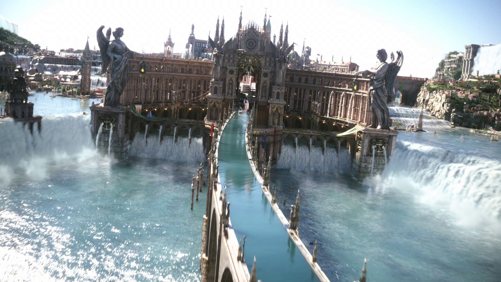 Altissia, Final Fantasy XV, Città sull'acqua, Cascate, Statue, Full HD, sfondo per PC