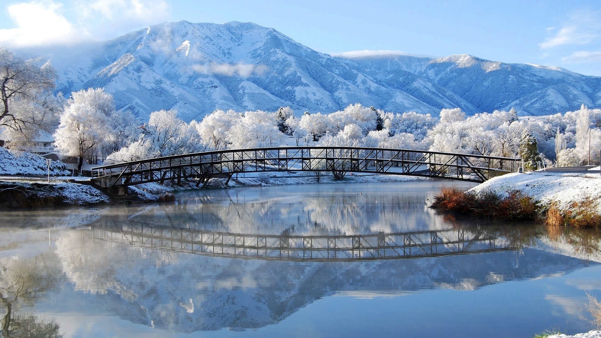 Ponte di legno, Lago, Alberi innevati, Montagne, Riflesso, Inverno, sfondo desktop