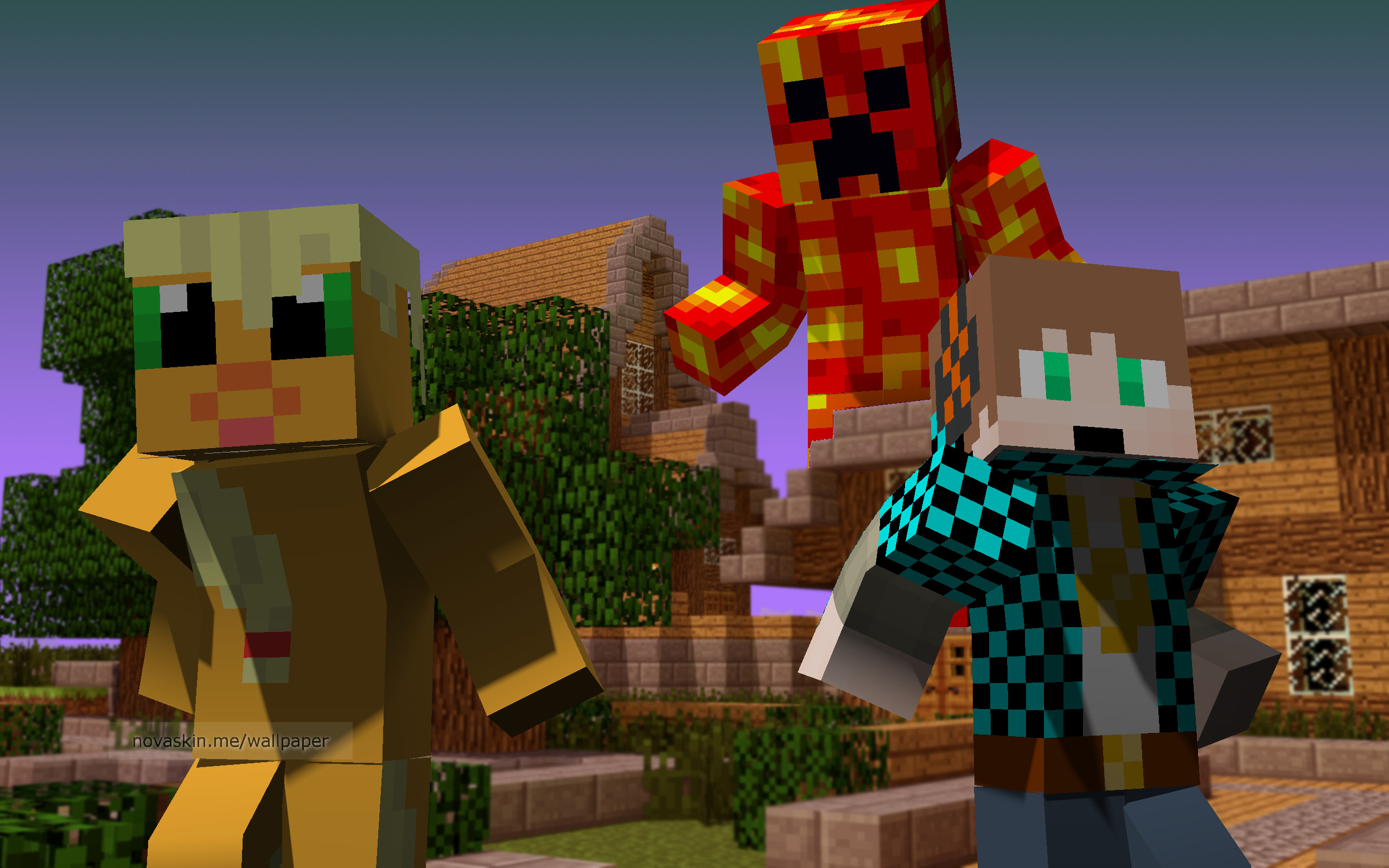 Minecraft, Novaskin, Villaggio, Tramonto, 2K, sfondo desktop