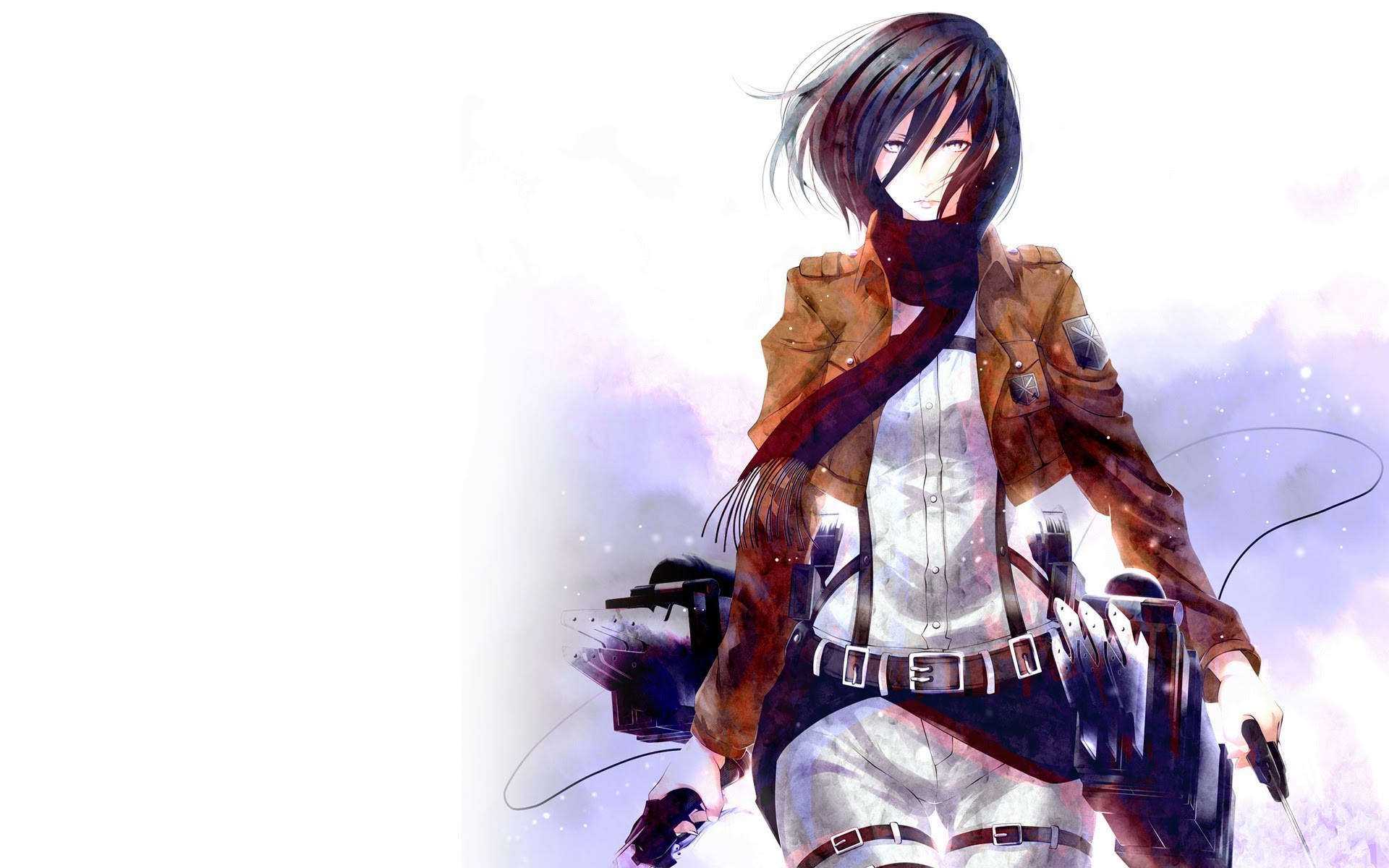 Mikasa Ackerman, L'attacco dei giganti, Sciarpa rossa, Sfondo bianco, wallpaper per portatile