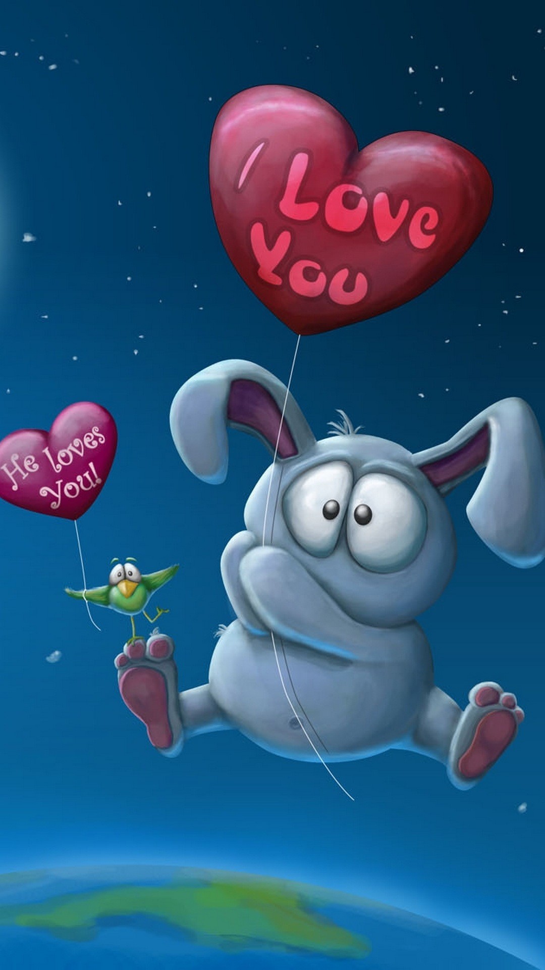 Coniglio cartoon, Palloncino a cuore, I Love You, sfondo per iPhone e Android