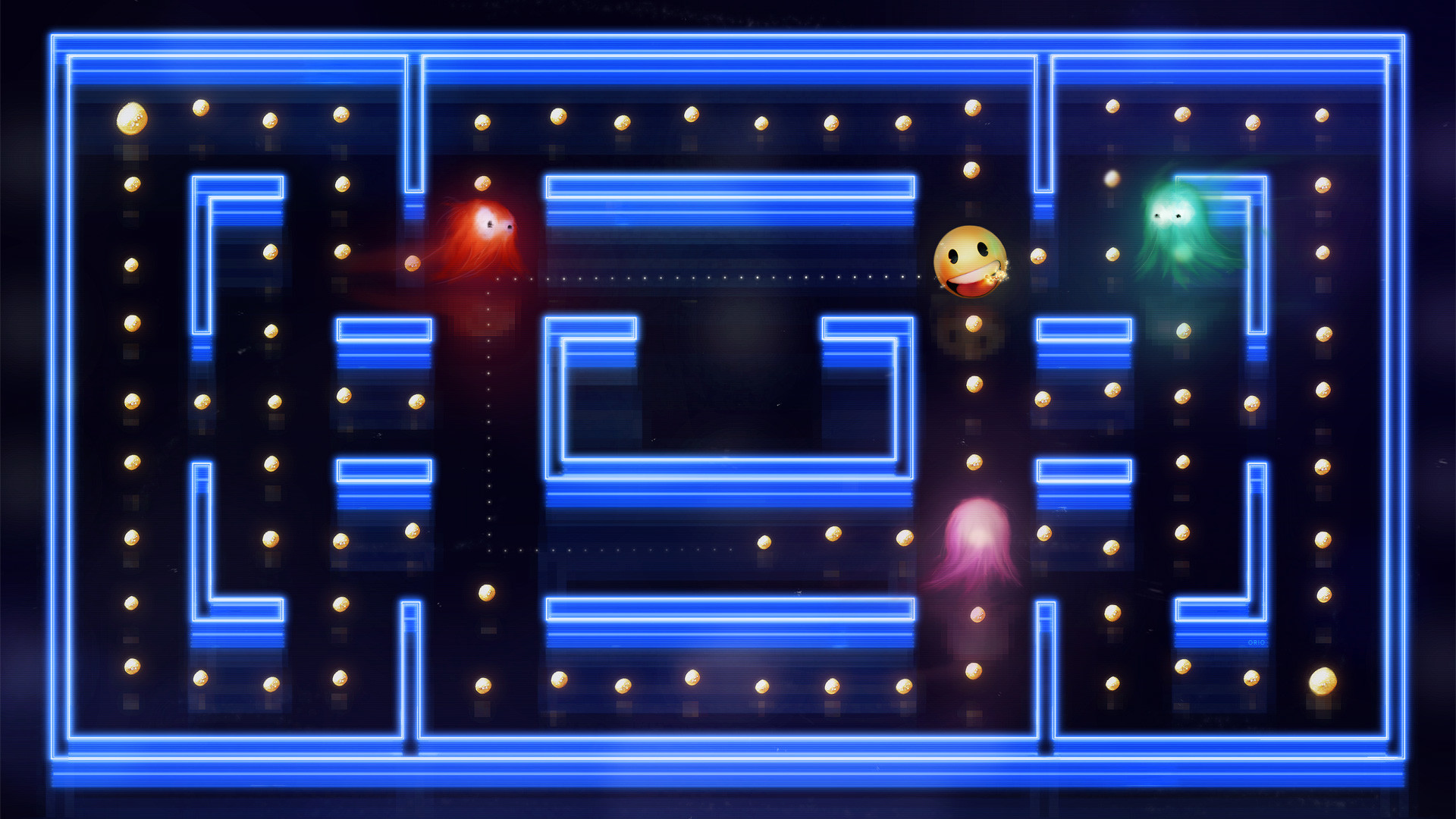 Pac-Man, Labirinto, Fantasmi, Neon blu, Videogioco arcade, Full HD, sfondo per PC e portatile
