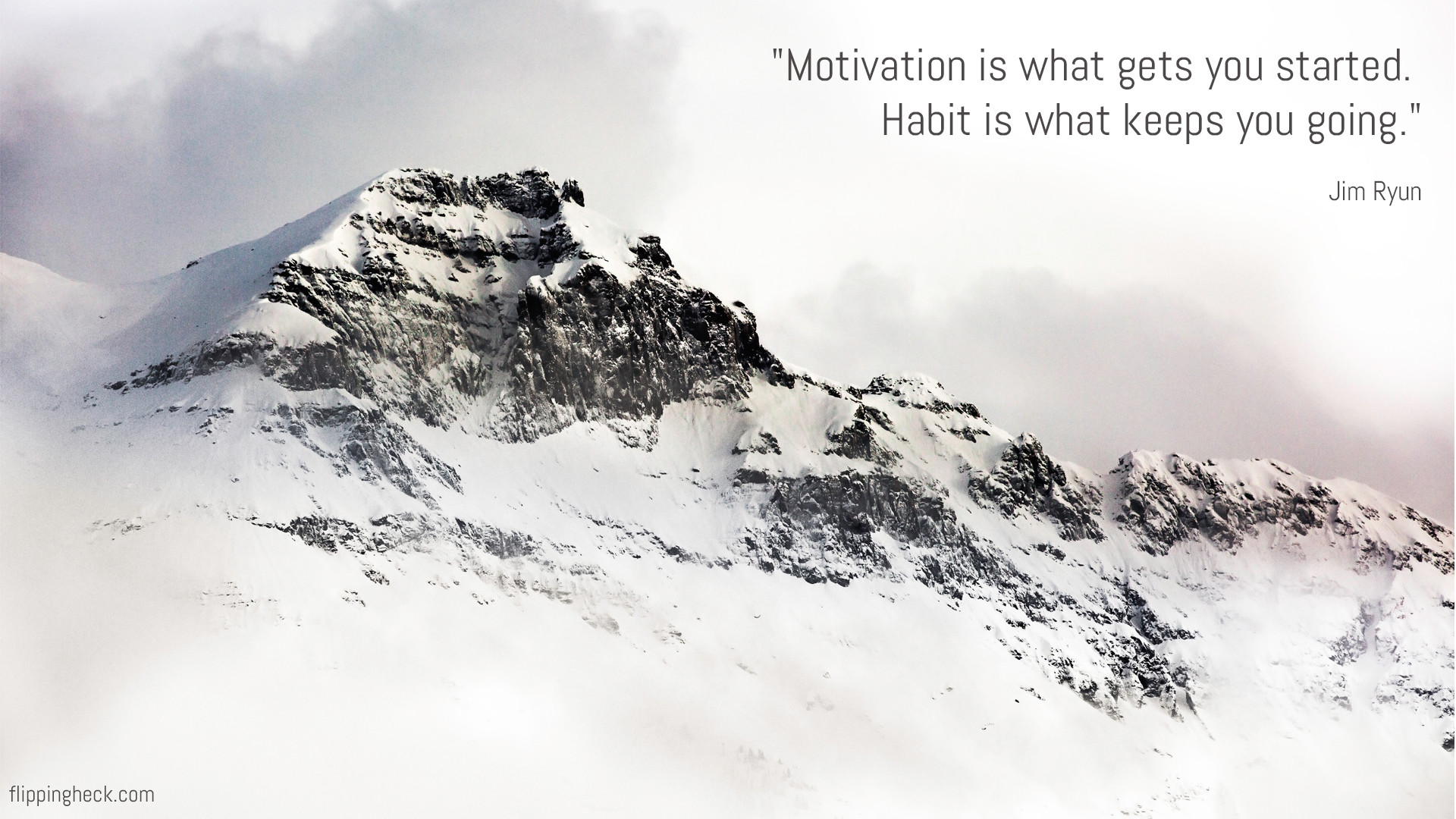 Jim Ryun, Motivation is what gets you started, Montagna innevata, Nebbia, Citazione, sfondo Full HD