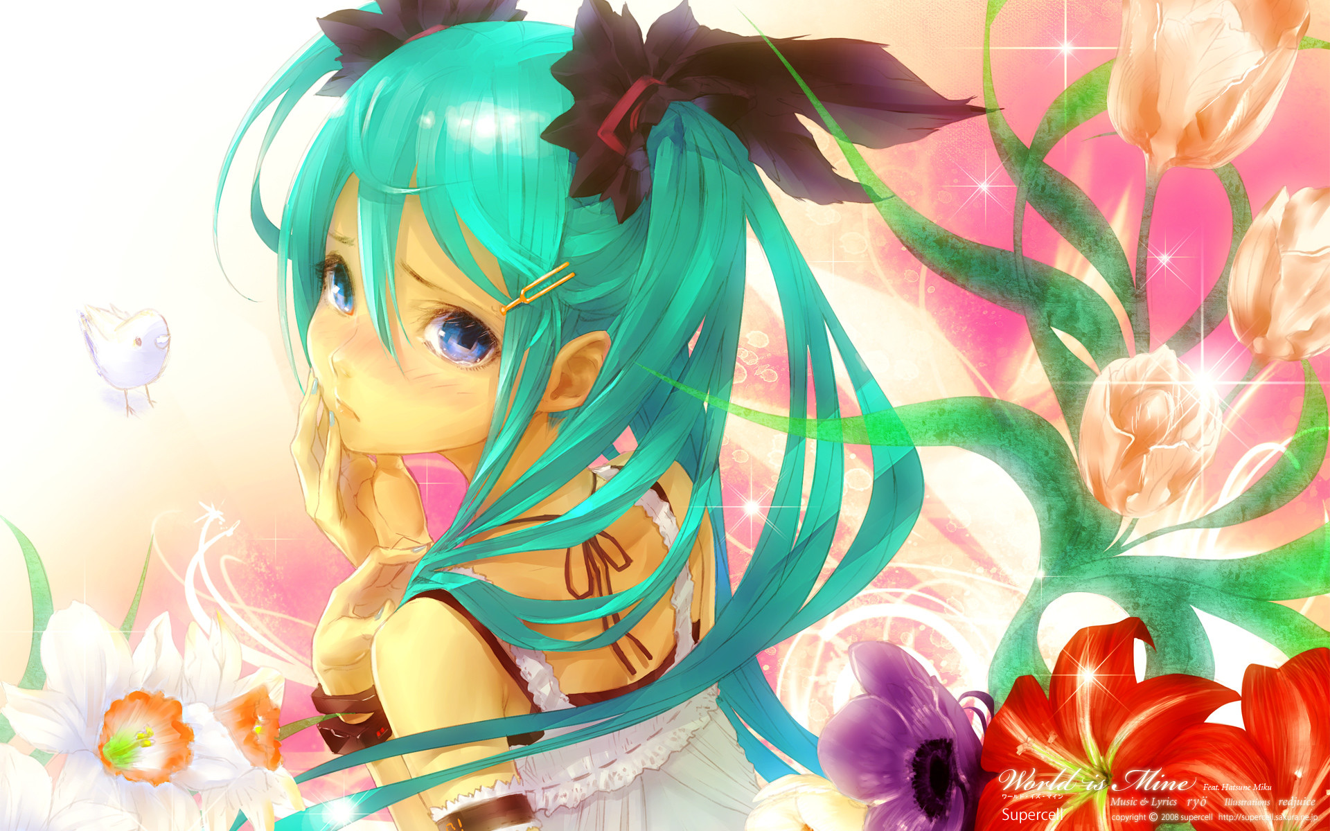 Hatsune Miku, Vocaloid, Fiori, Kawaii, Full HD, sfondo per PC e portatile