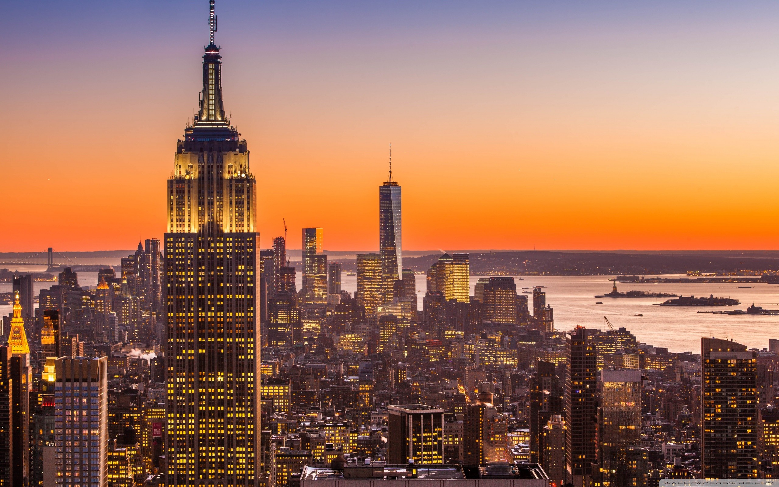 Empire State Building, One World Trade Center, Manhattan, Tramonto, sfondo MacBook Air