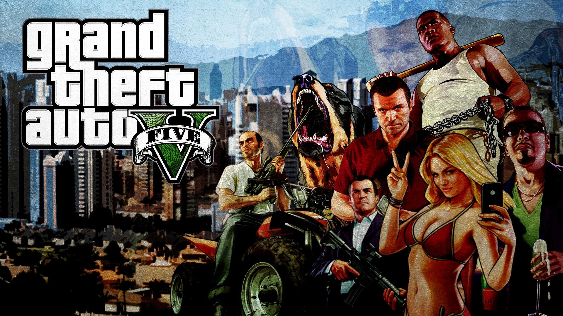 Grand Theft Auto V, Logo GTA V, Collage, Personaggi, Full HD, sfondo Windows 11