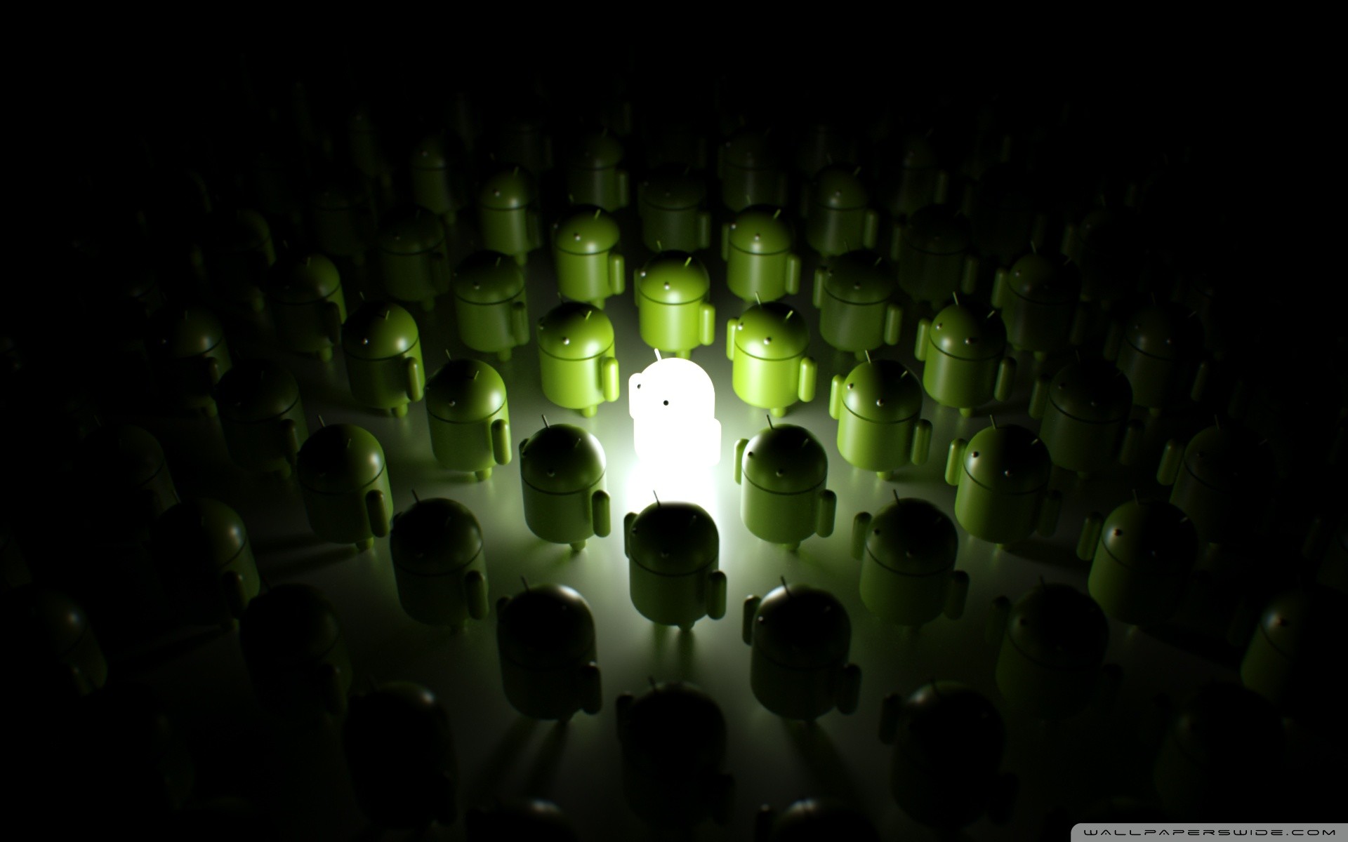 Android, Folla di robot, Luce, Sfondo scuro, 16:10 Full HD, wallpaper widescreen