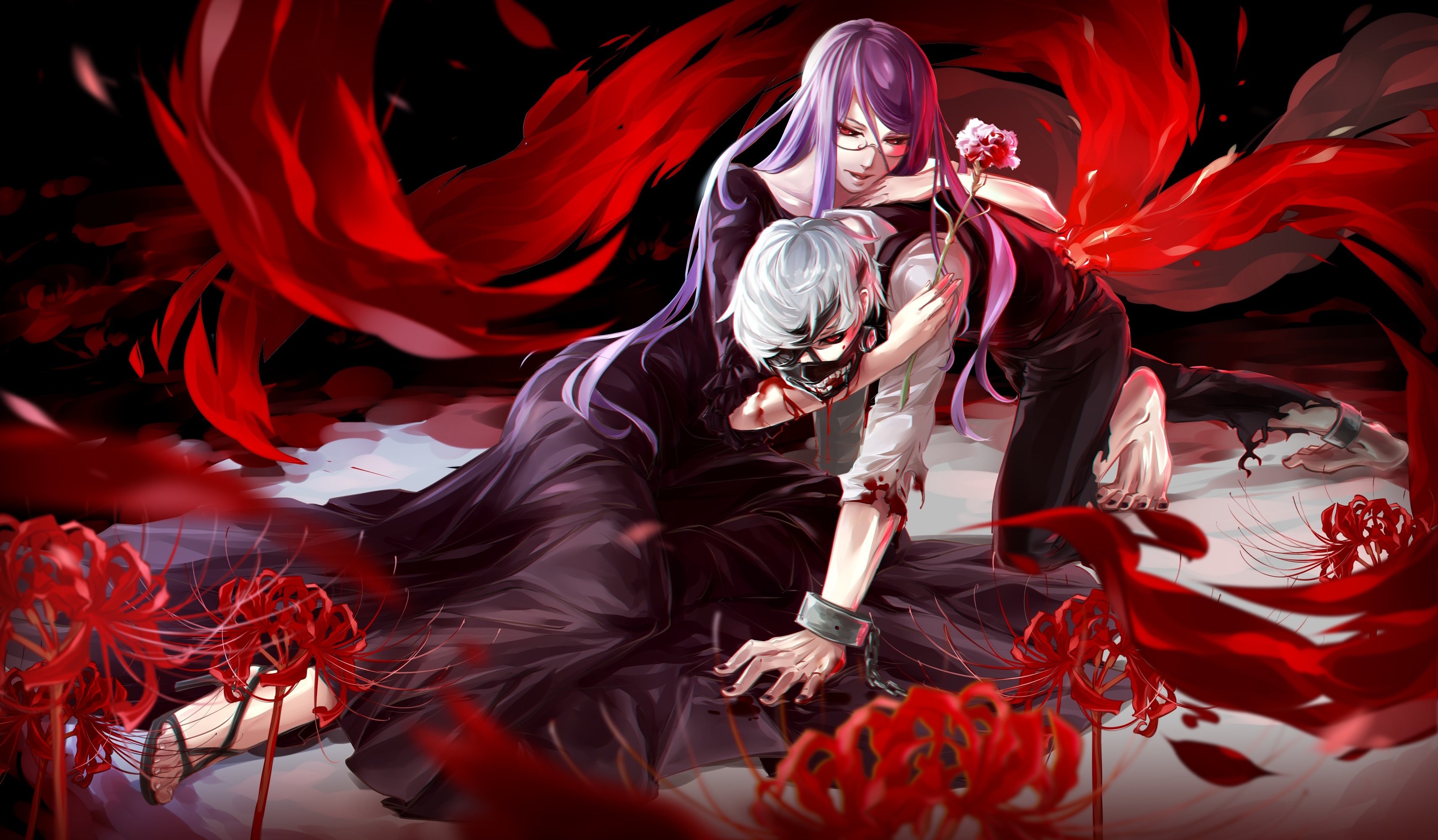 Ken Kaneki, Rize Kamishiro, Tokyo Ghoul, Kagune, Gigli rossi, 2K, sfondo per portatile