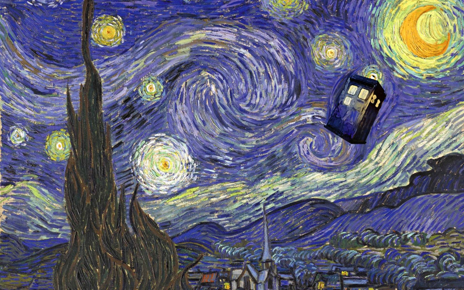 TARDIS, Doctor Who, Notte stellata, Van Gogh, Parodia, Full HD, sfondo per PC e portatile