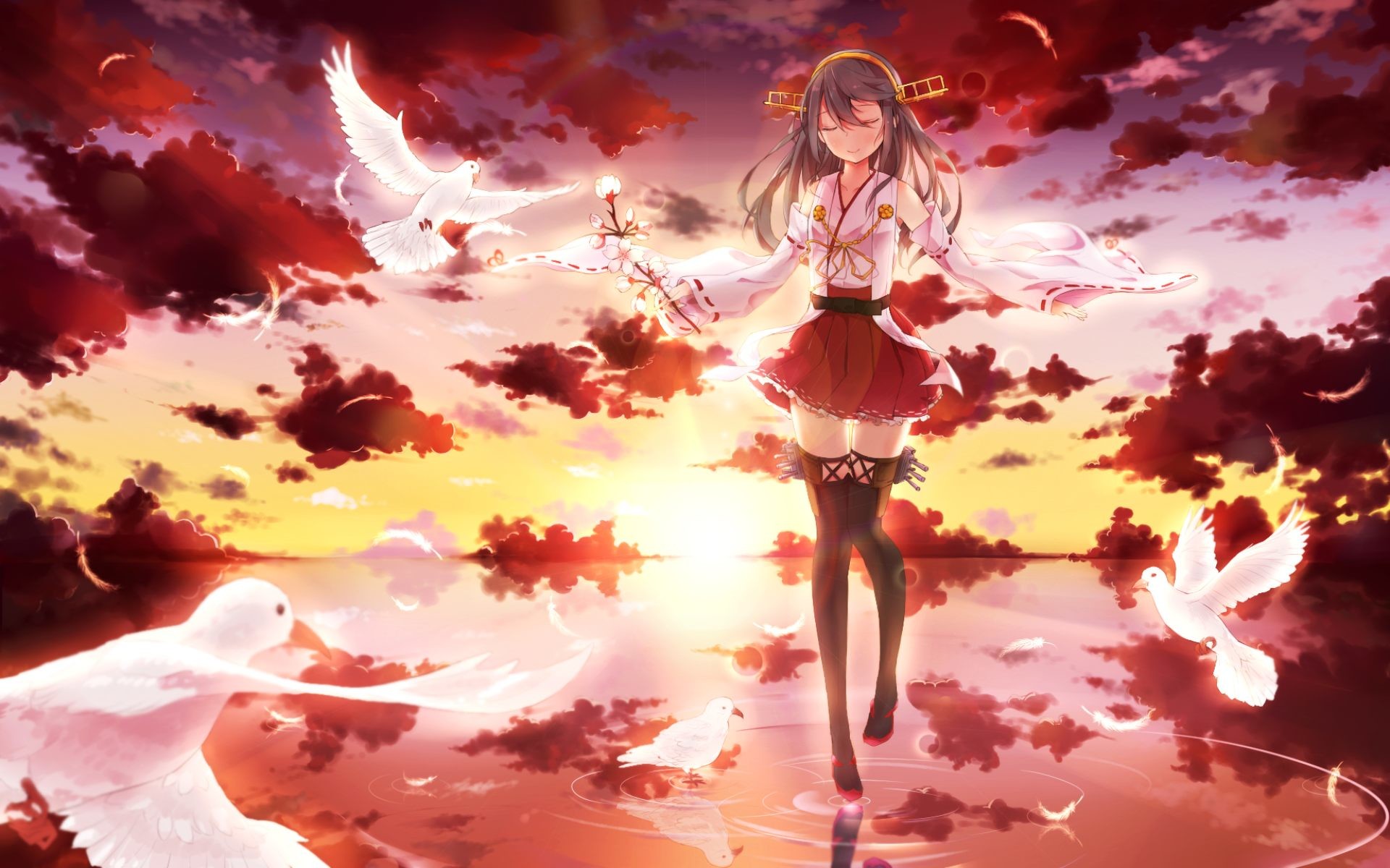 Ragazza anime, Colombe, Tramonto, Nuvole rosse, 1920x1200, immagine di sfondo