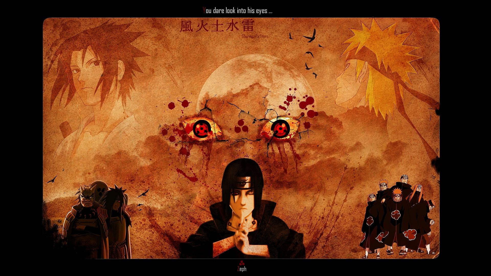 Itachi Uchiha, Akatsuki, Sharingan, Seppia, Full HD, sfondo desktop