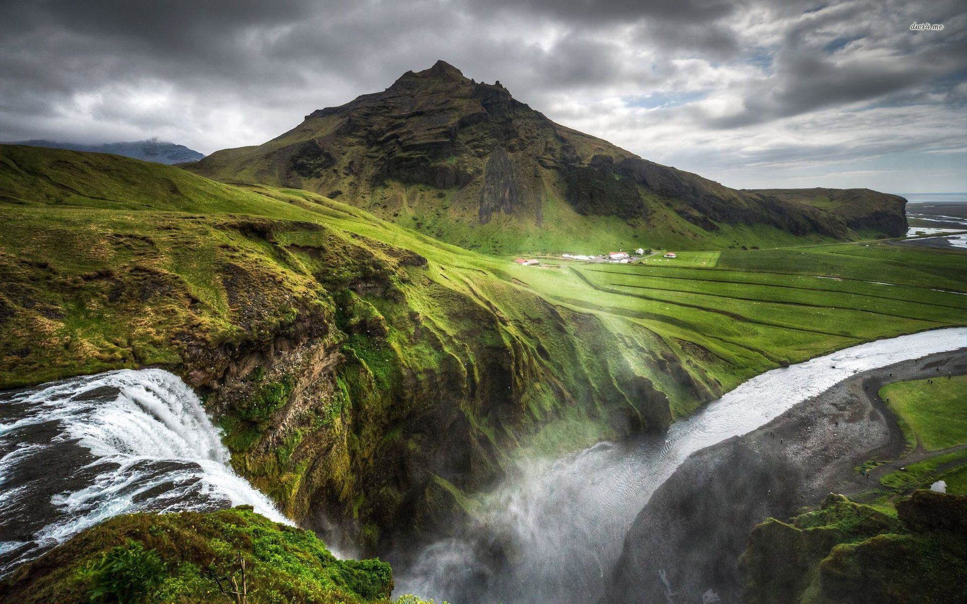 Skógafoss, Islanda, Cascata, Montagna verde, Full HD, wallpaper per computer
