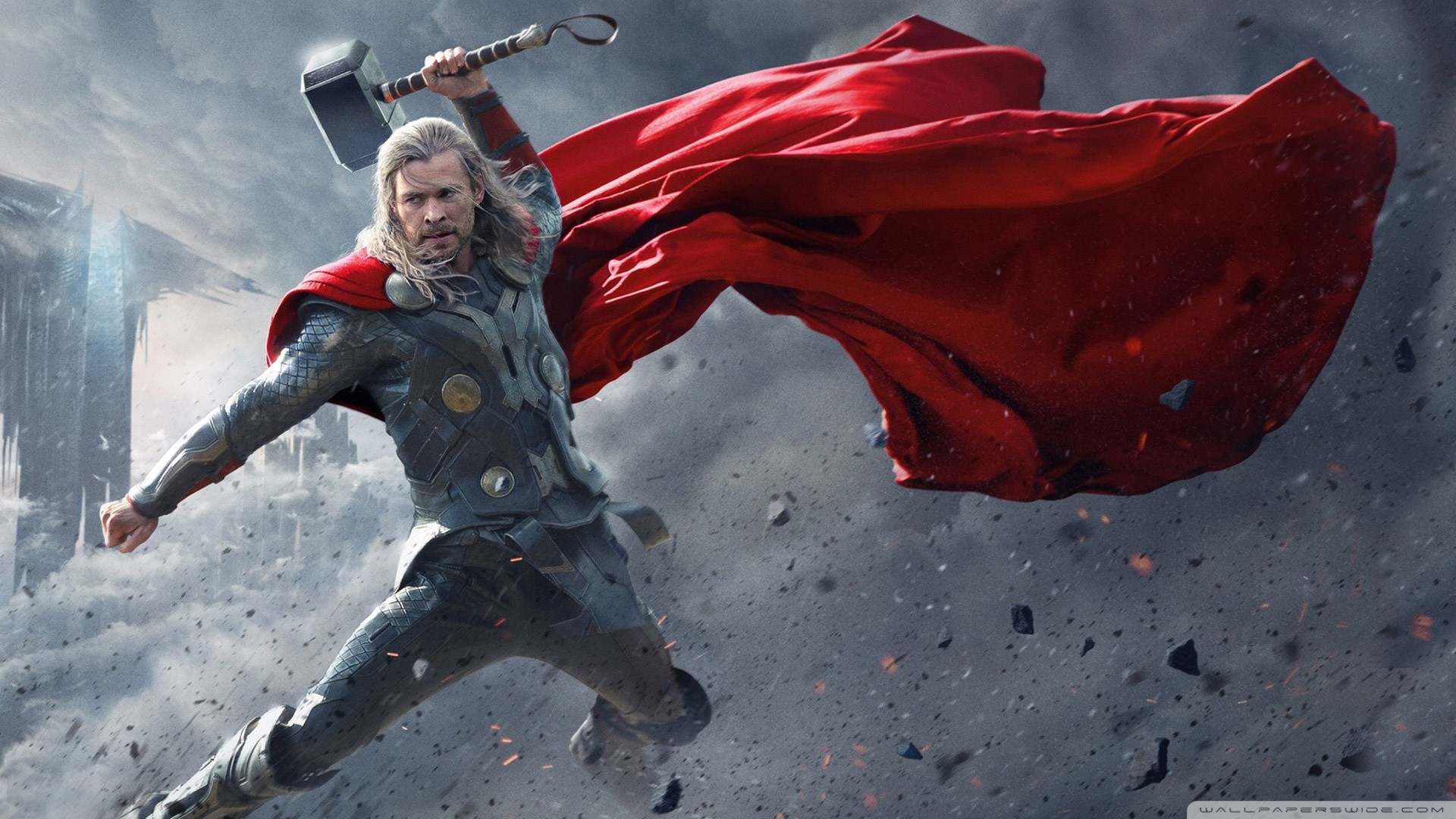 Thor, Chris Hemsworth, Thor: The Dark World, Mjolnir, Mantello rosso, sfondo Full HD per computer