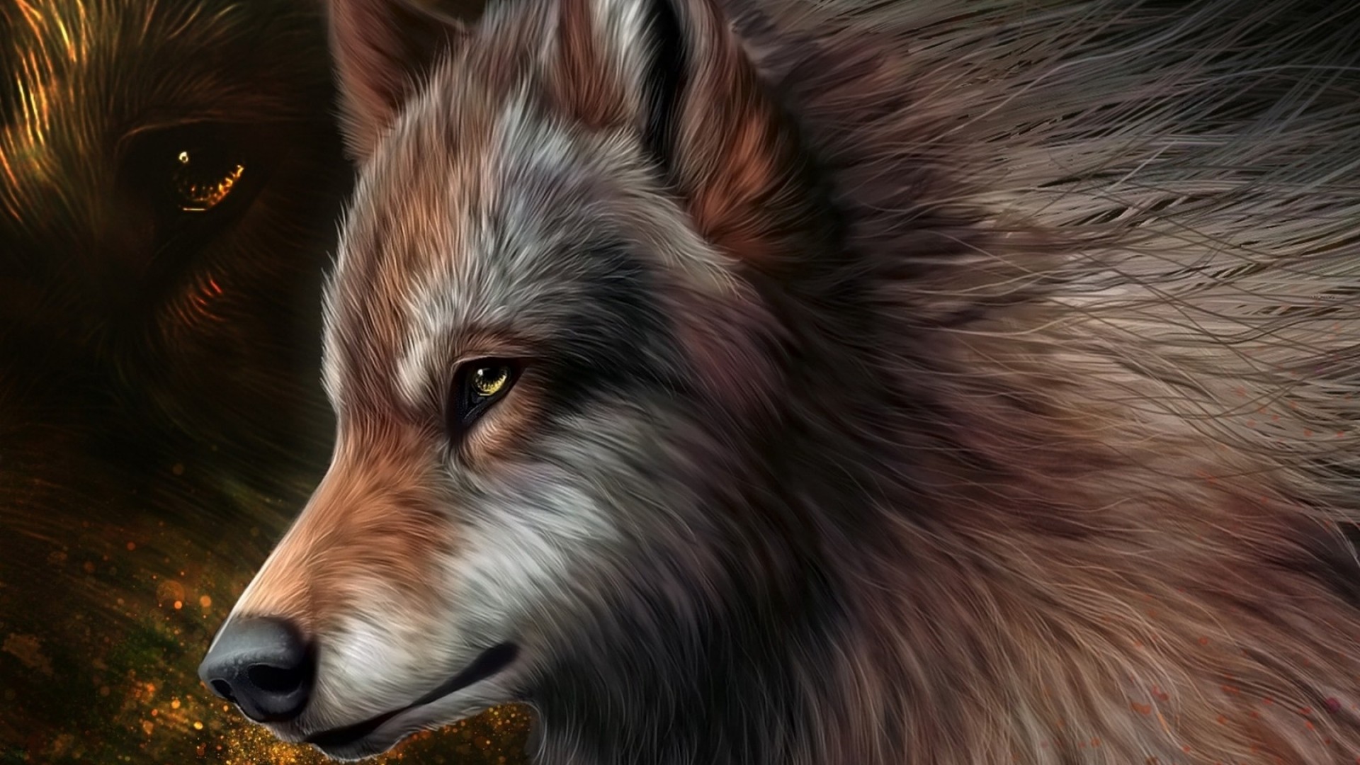 Lupo, Pittura digitale, Primo piano, Toni caldi, 16:9 Full HD, sfondo widescreen