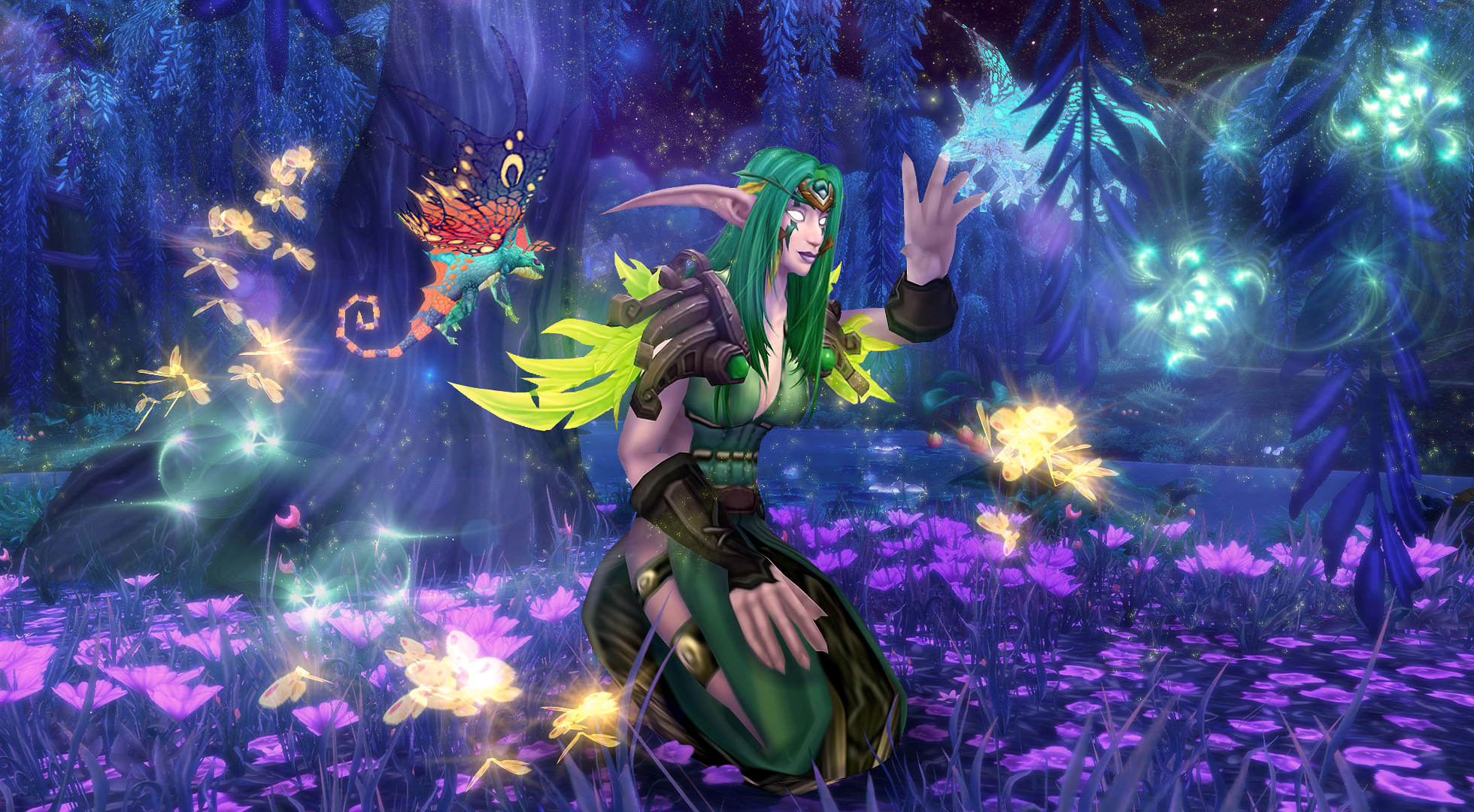 World of Warcraft, Elfa della notte, Druida, Fiori viola, Lucciole, sfondo Full HD per PC