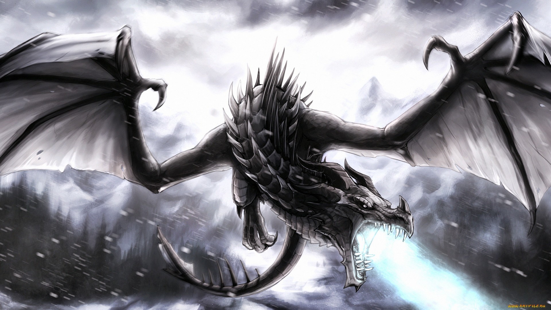 Drago, Soffio di ghiaccio, Bianco e nero, Tempesta, Full HD, sfondo desktop