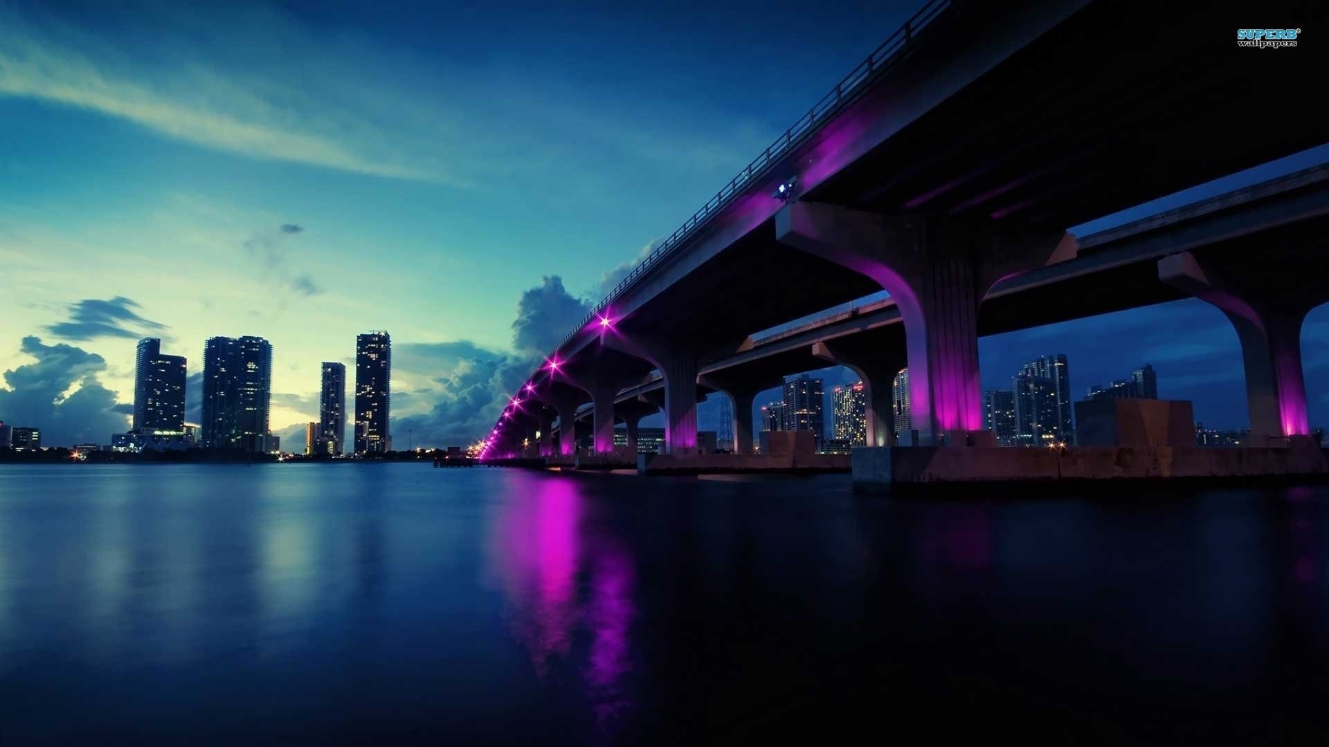 MacArthur Causeway, Miami, Luci viola, Crepuscolo, 1920x1080, sfondo per PC