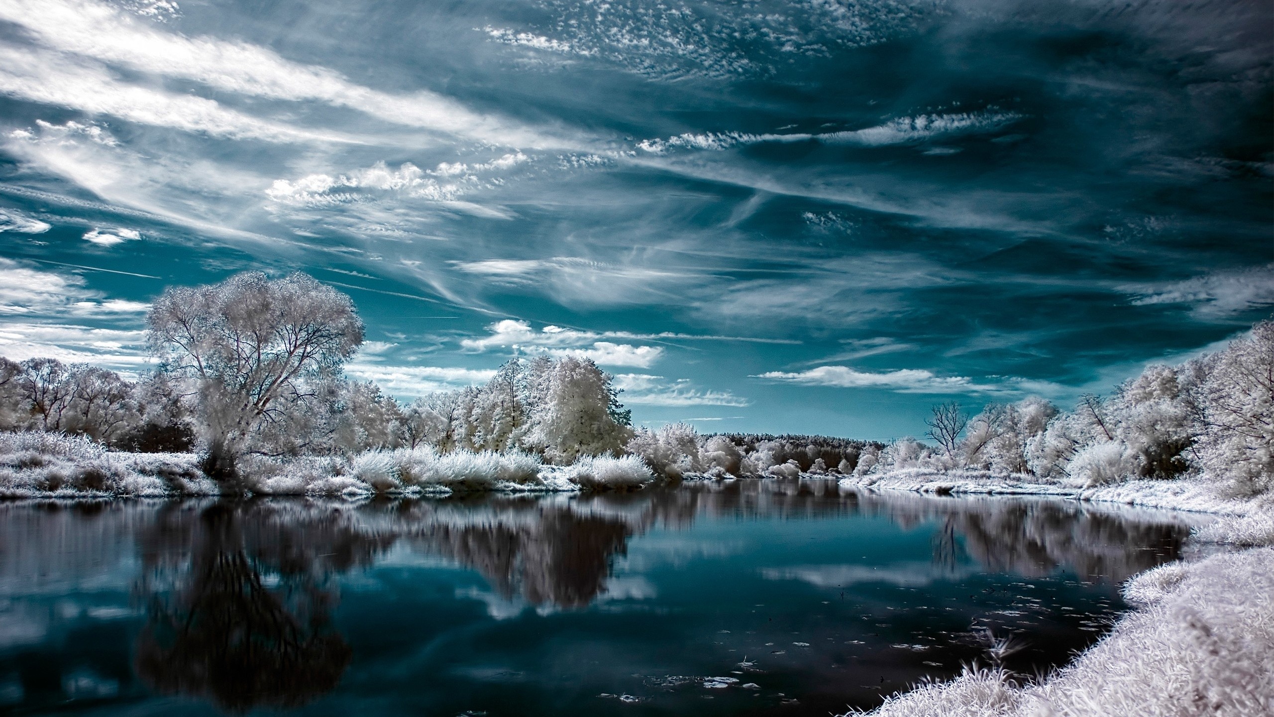 Fiume, Inverno, Brina, Nuvole, Riflesso, 2K, sfondo per PC e portatile