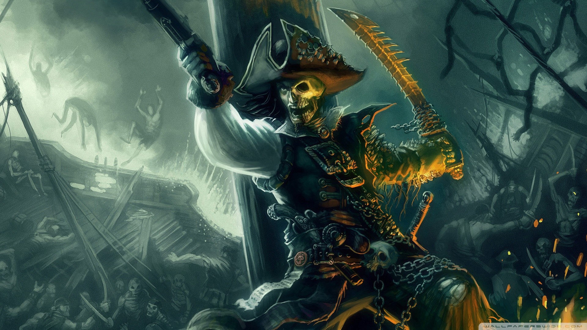 Pirata scheletro, Sciabola, Fantasy, Illustrazione, 1920x1080, sfondo per PC