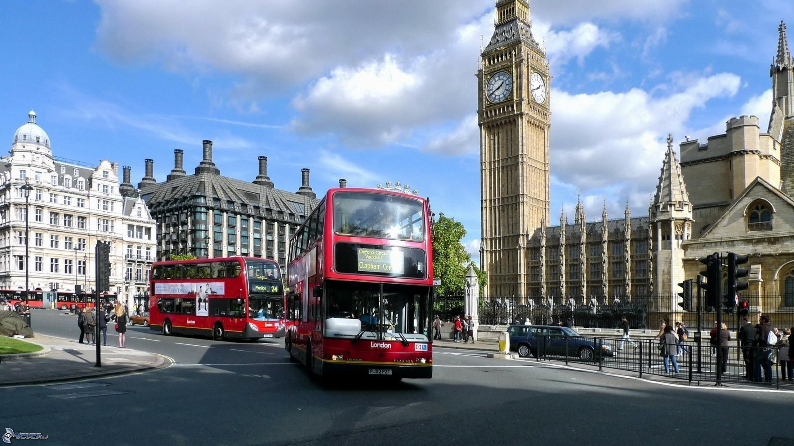 Big Ben, Autobus a due piani, Parliament Square, Londra, Giornata di sole, sfondo 16:9 2K
