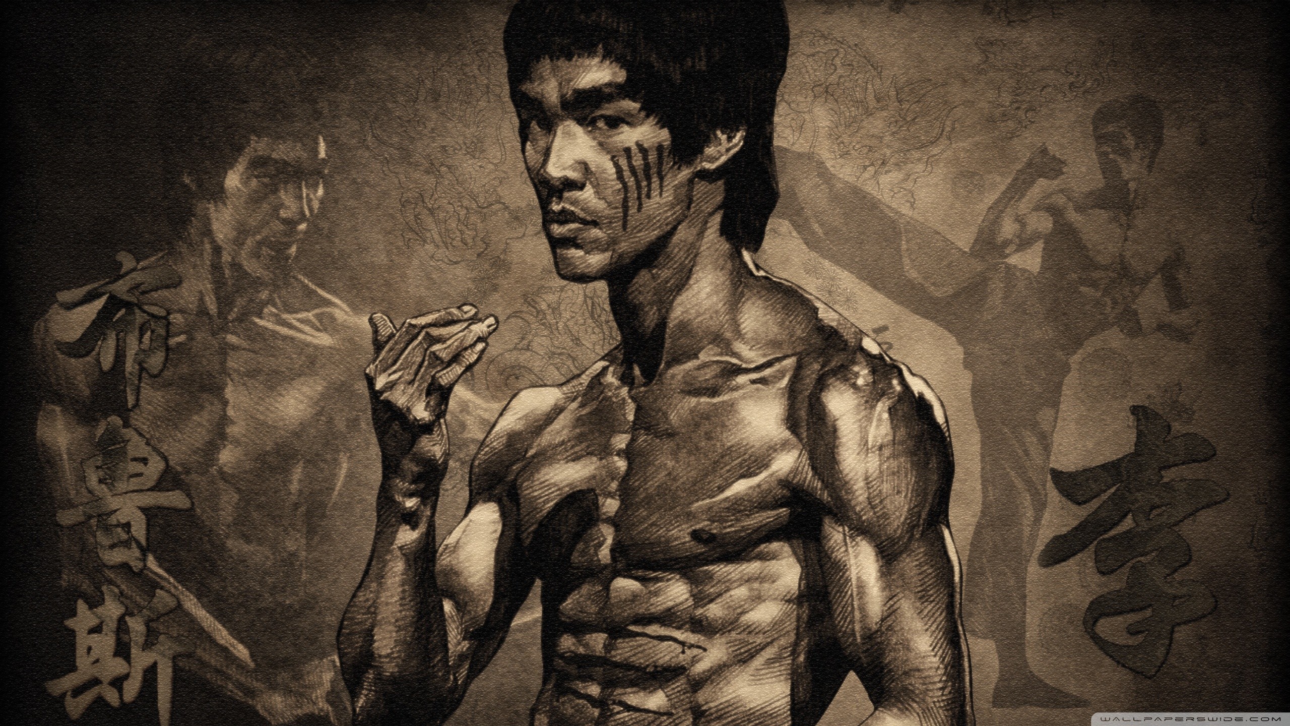 Bruce Lee, I tre dell'Operazione Drago, Ideogrammi cinesi, Seppia, Muscoli, sfondo 16:9 2K