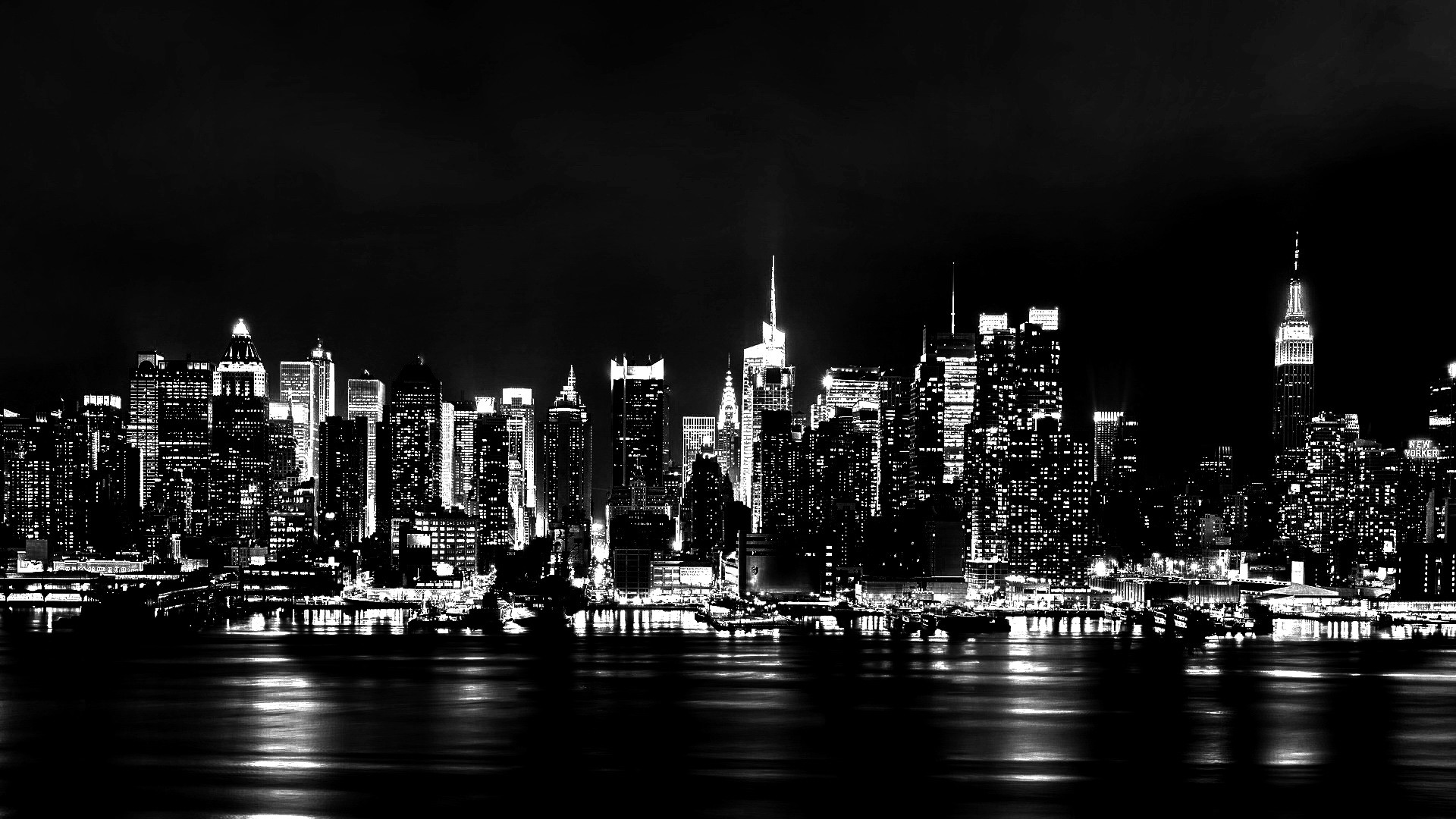 Skyline di Manhattan, New York, Bianco e nero, Notte, Full HD 1080p, sfondo desktop