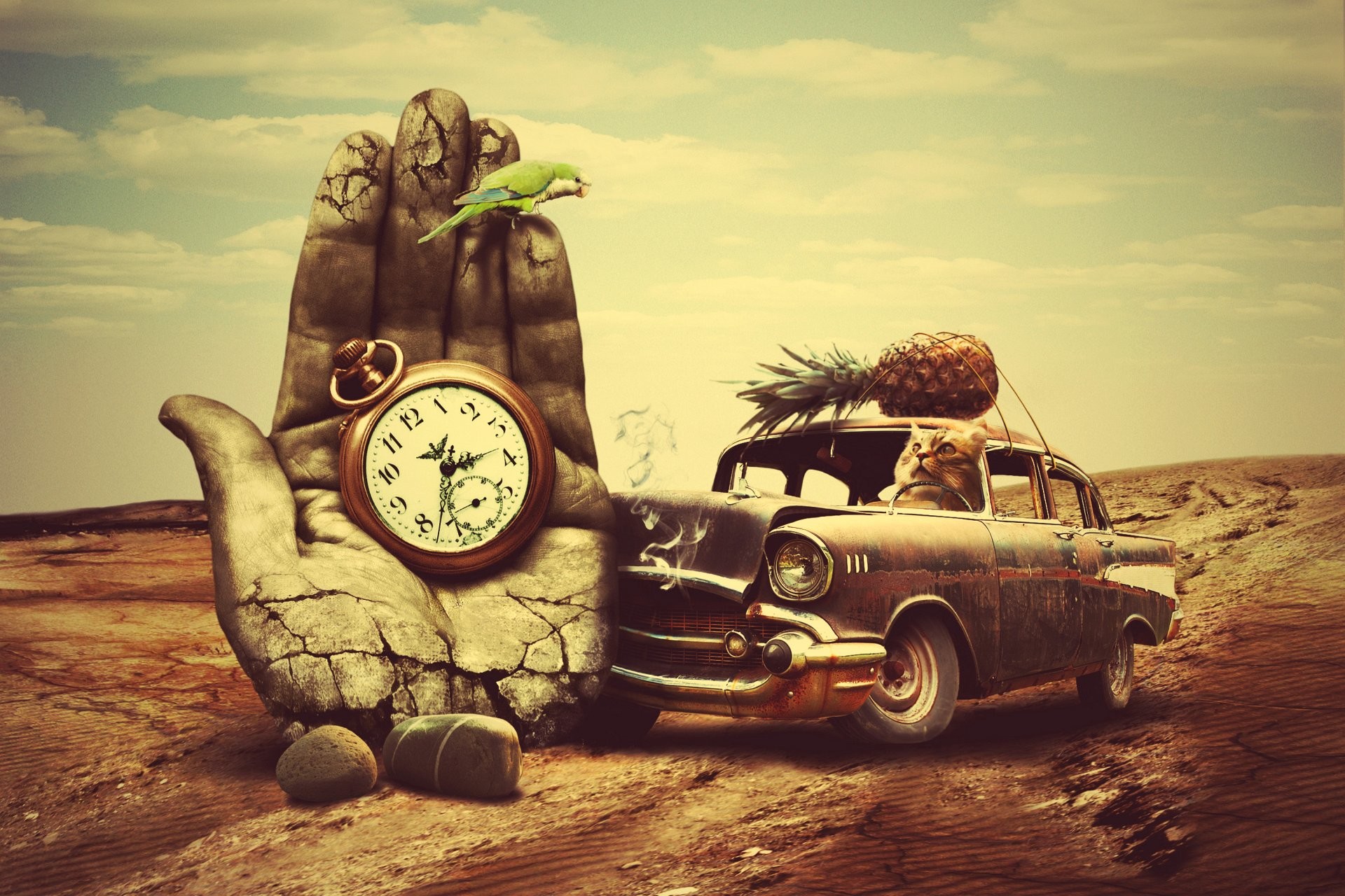 Surrealismo, Orologio, Auto d'epoca, Mano di pietra, Fotomontaggio, sfondo per portatile