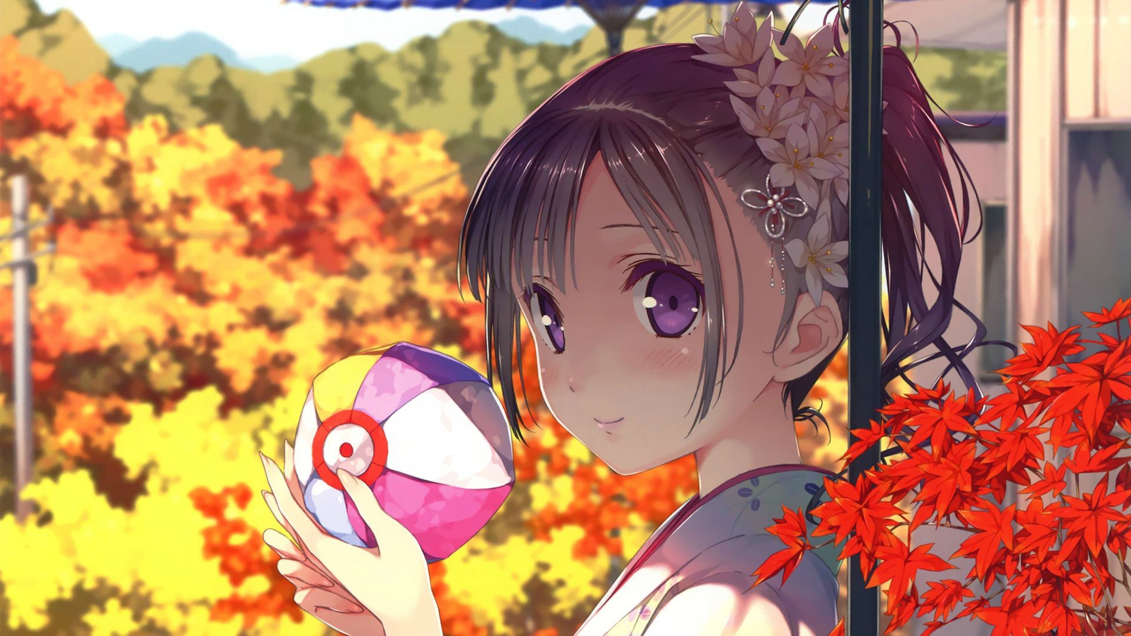 Ragazza anime, Pallone, Autunno, Kawaii, 4K, sfondo per PC e portatile
