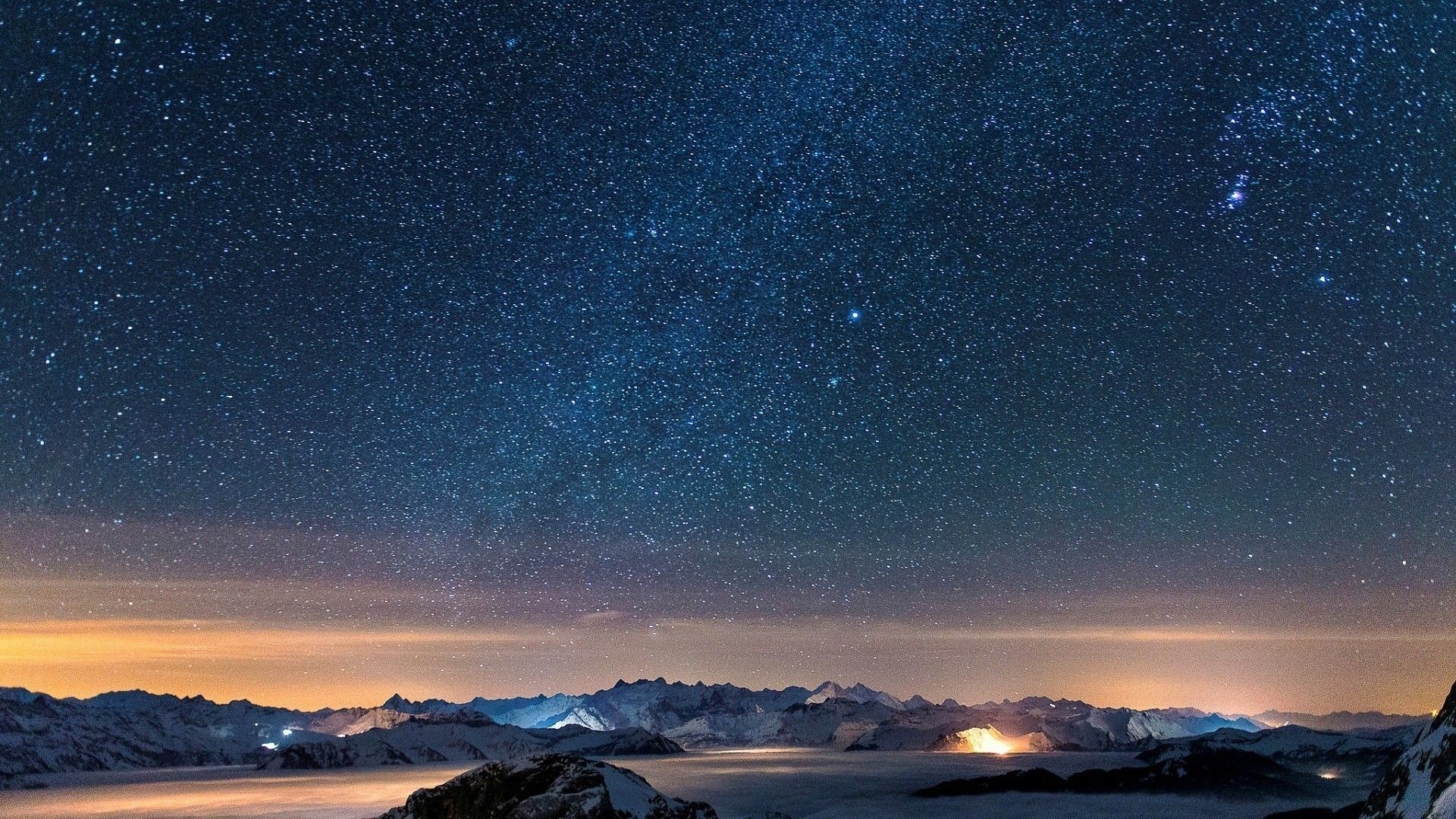 Cielo stellato, Montagne innevate, Mare di nuvole, Notte, Full HD, wallpaper per computer