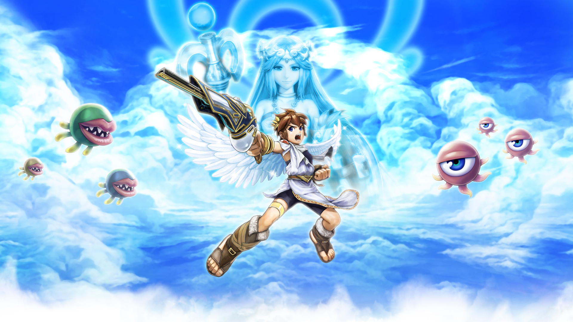Kid Icarus: Uprising, Pit, Palutena, Nintendo, Nuvole, Full HD, sfondo Windows 11